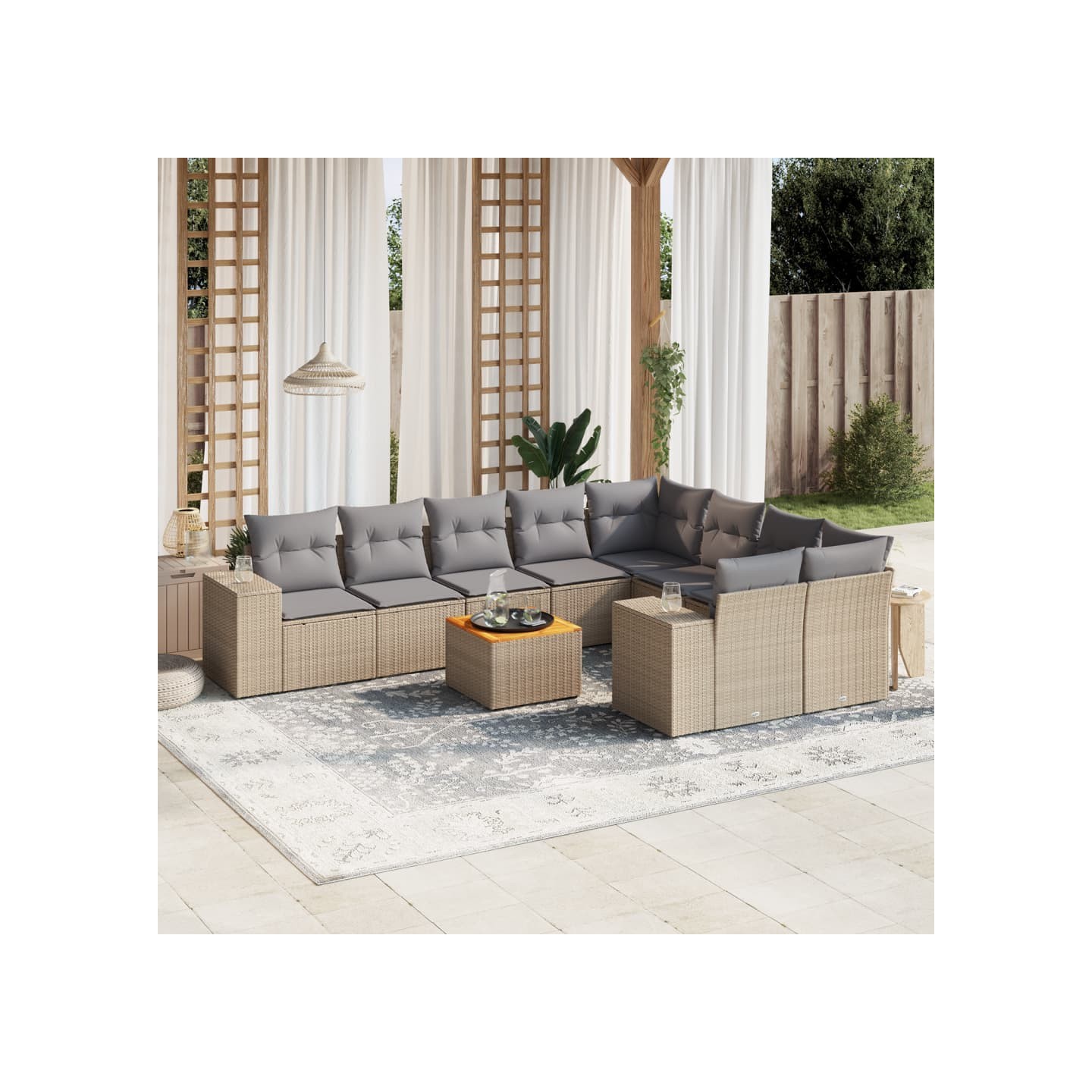 Salon de jardin avec coussins 10 pcs beige résine tressée