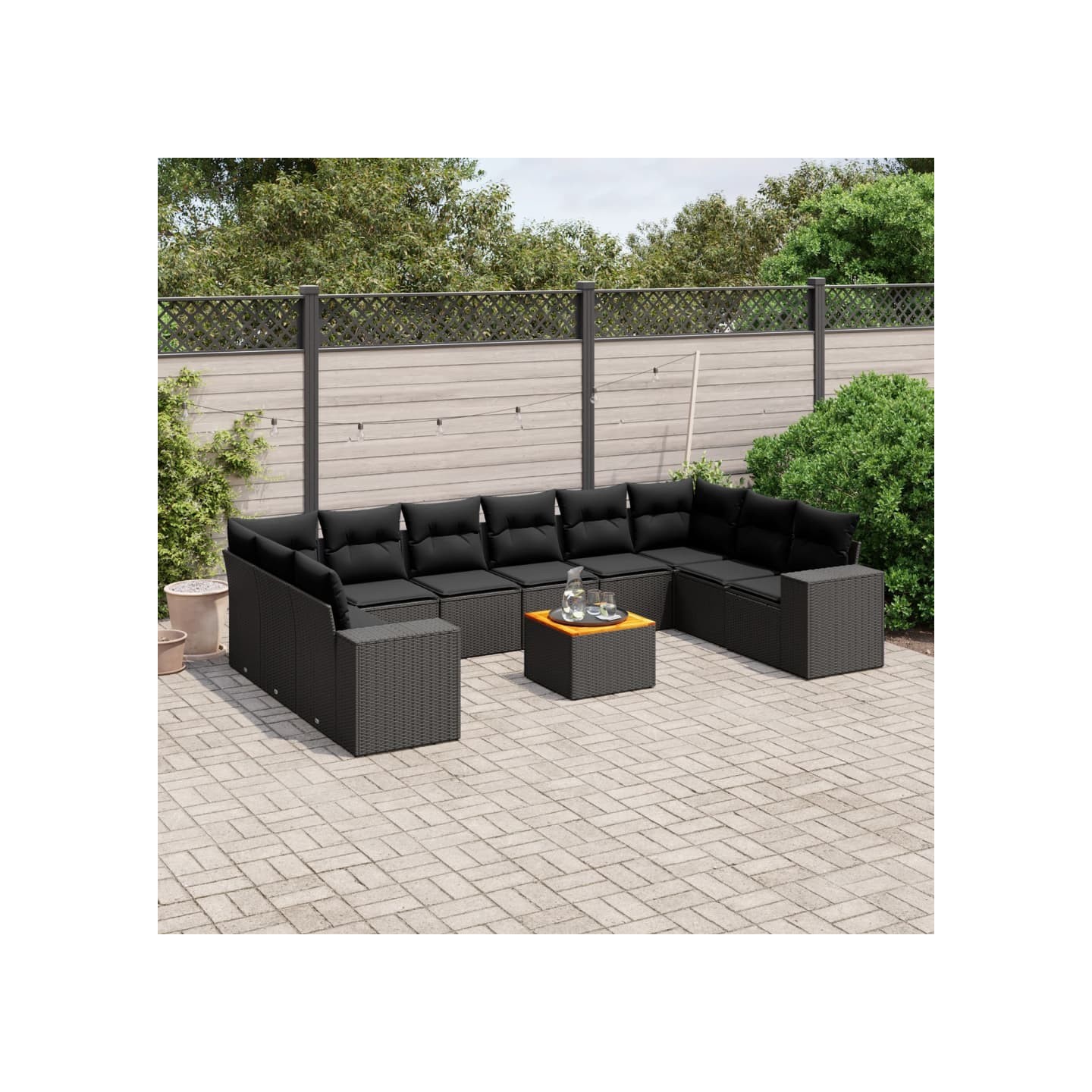 Salon de jardin 11 pcs avec coussins noir résine tressée