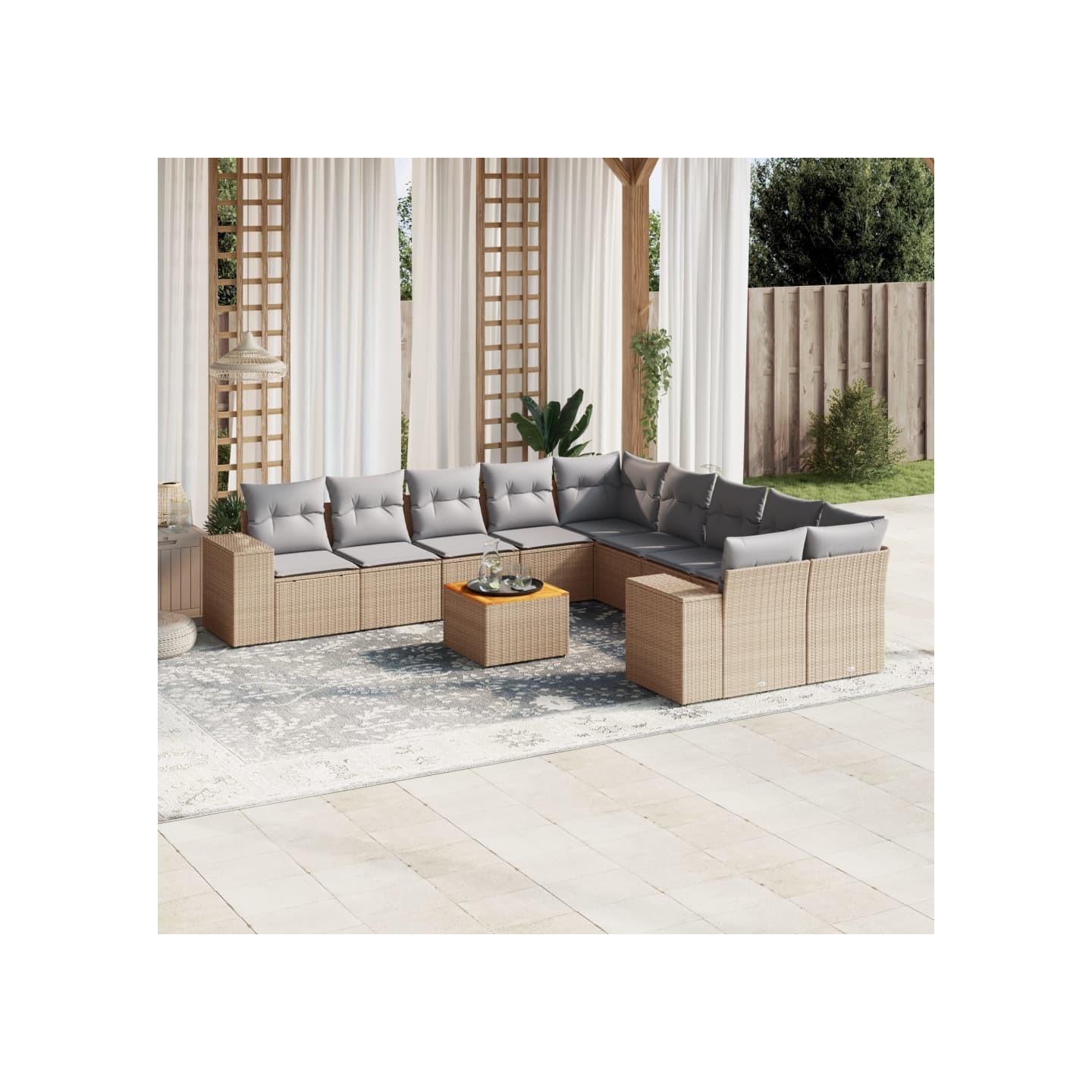Salon de jardin 11 pcs avec coussins beige résine tressée
