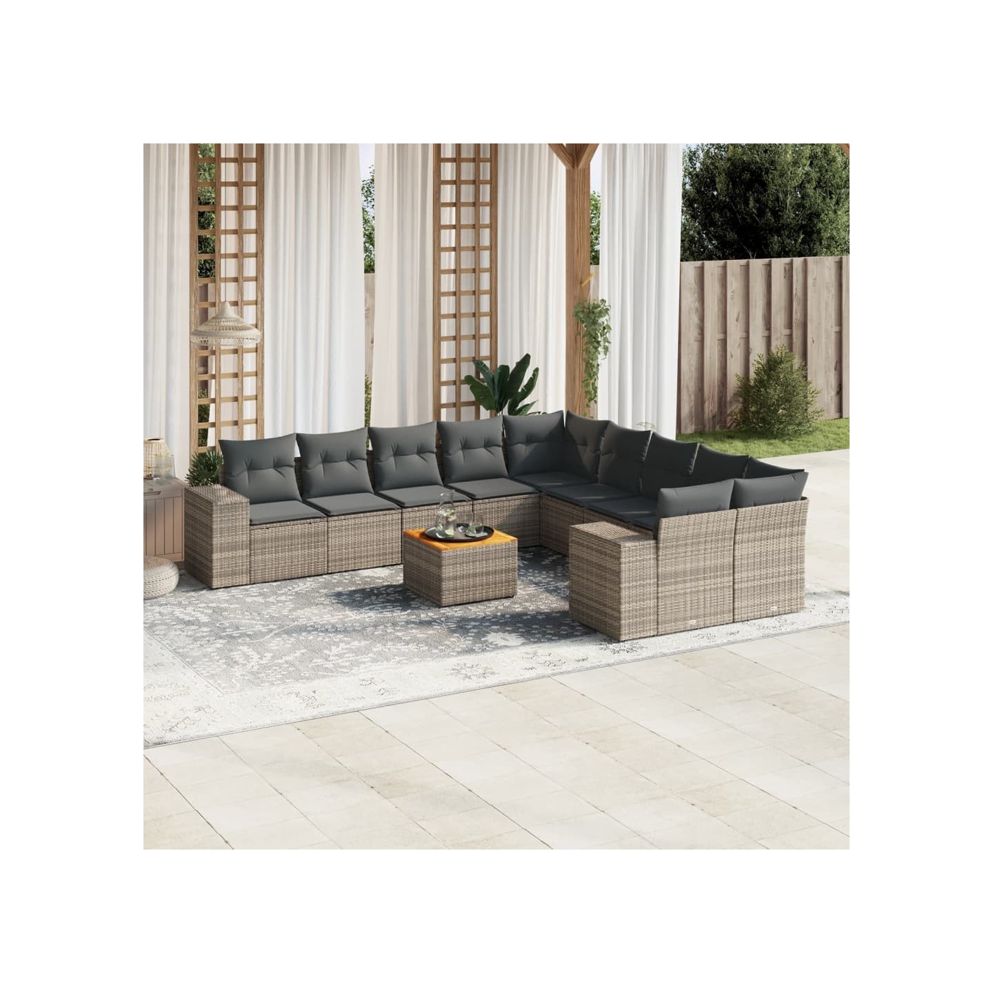 Salon de jardin 11 pcs avec coussins gris résine tressée