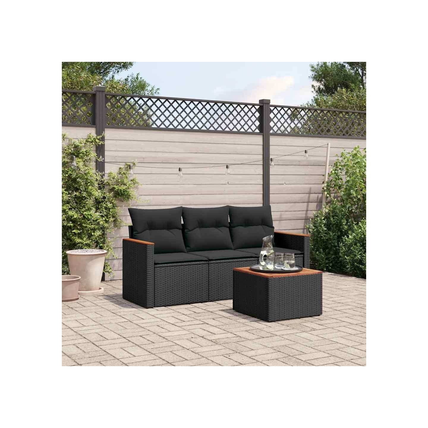 Salon de jardin 4 pcs avec coussins noir résine tressée