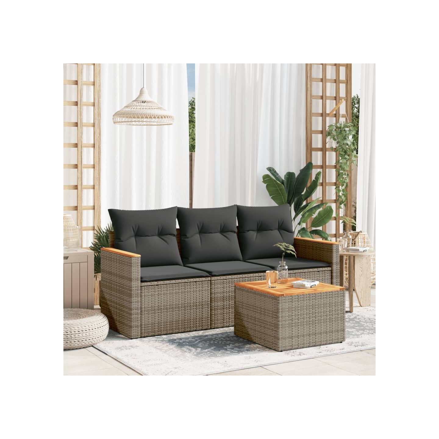 Salon de jardin 4 pcs avec coussins gris résine tressée