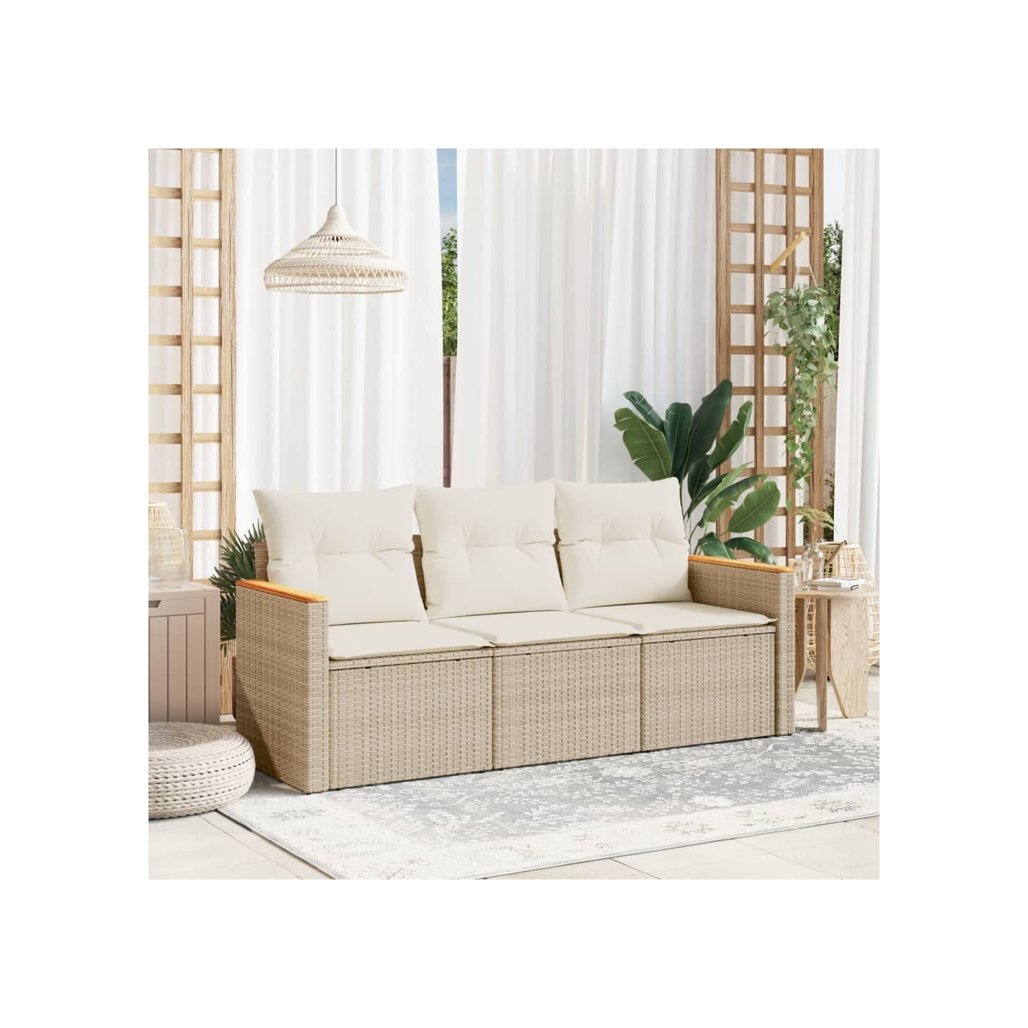 Salon de jardin avec coussins 3 pcs beige résine tressée