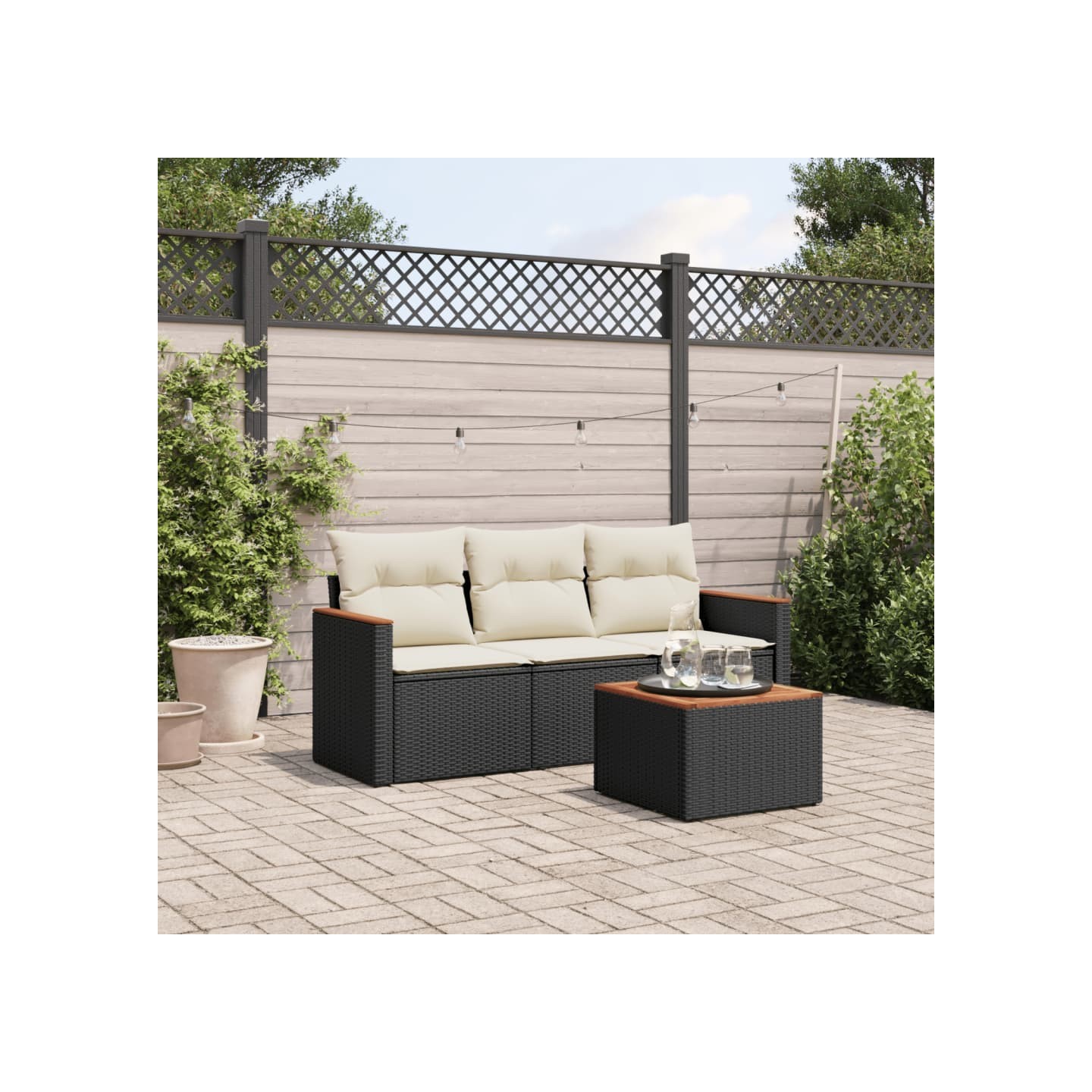 Salon de jardin 4 pcs avec coussins noir résine tressée
