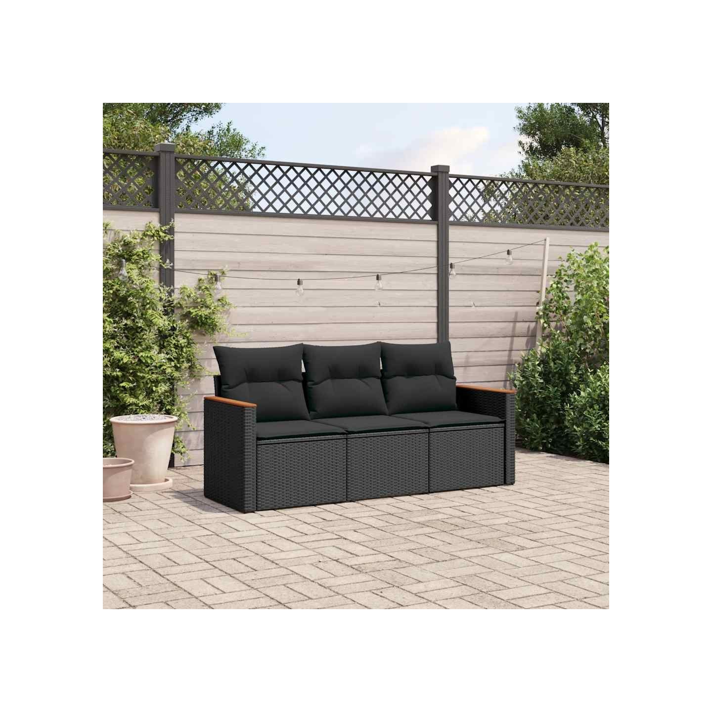 Salon de jardin 3 pcs avec coussins noir résine tressée