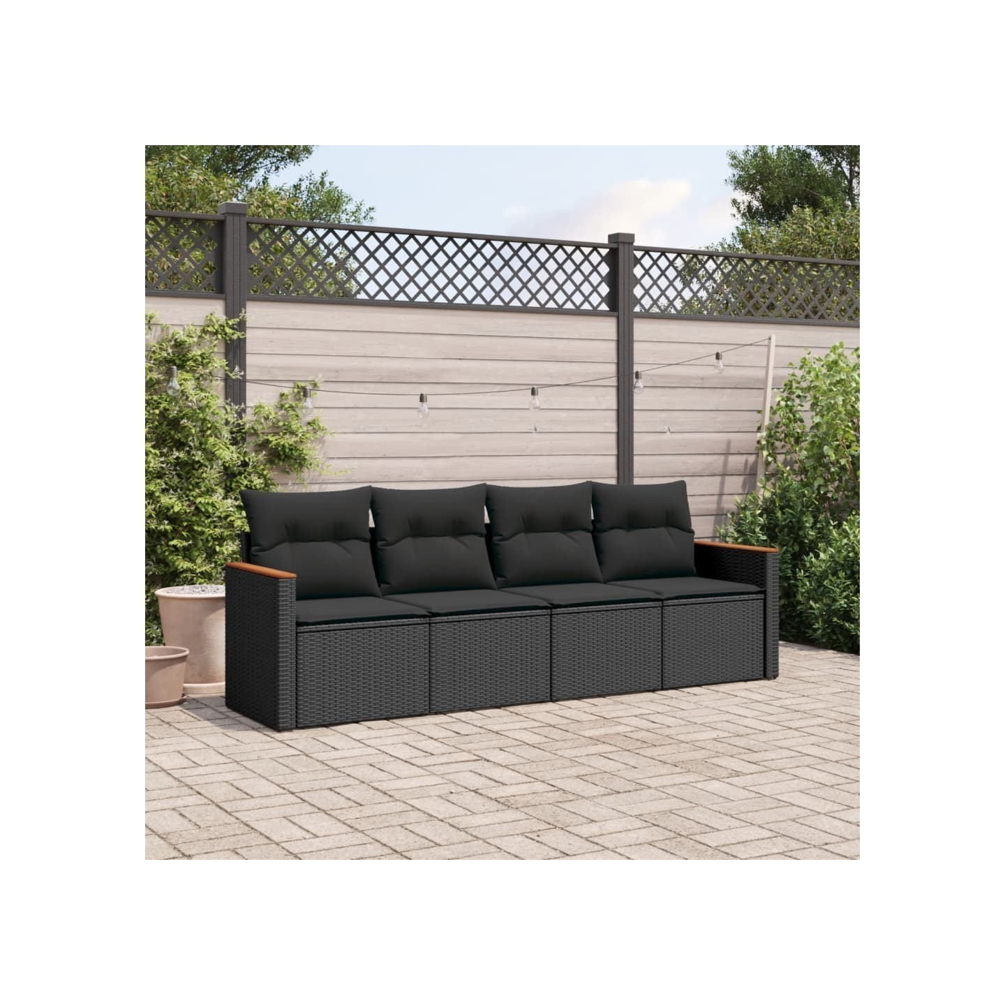 Salon de jardin 4 pcs avec coussins noir résine tressée