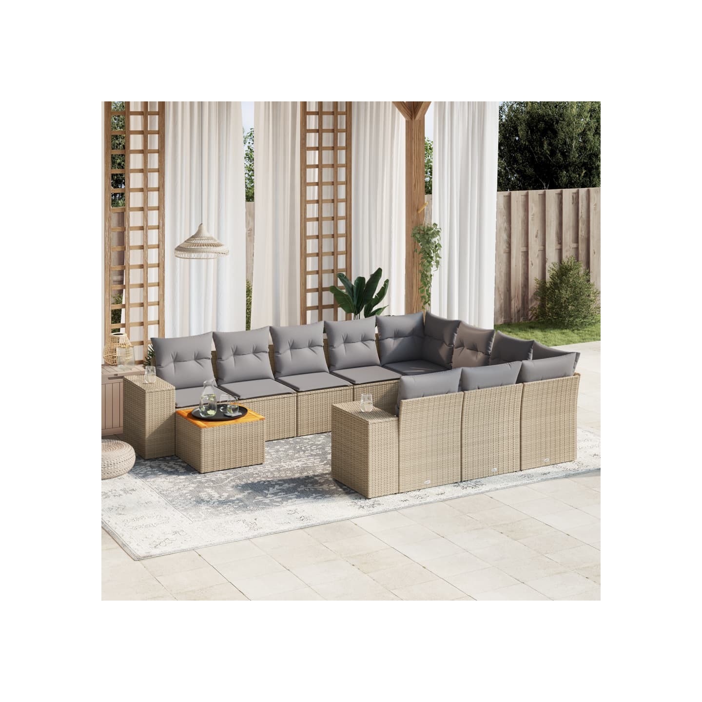 Salon de jardin 11 pcs avec coussins beige résine tressée