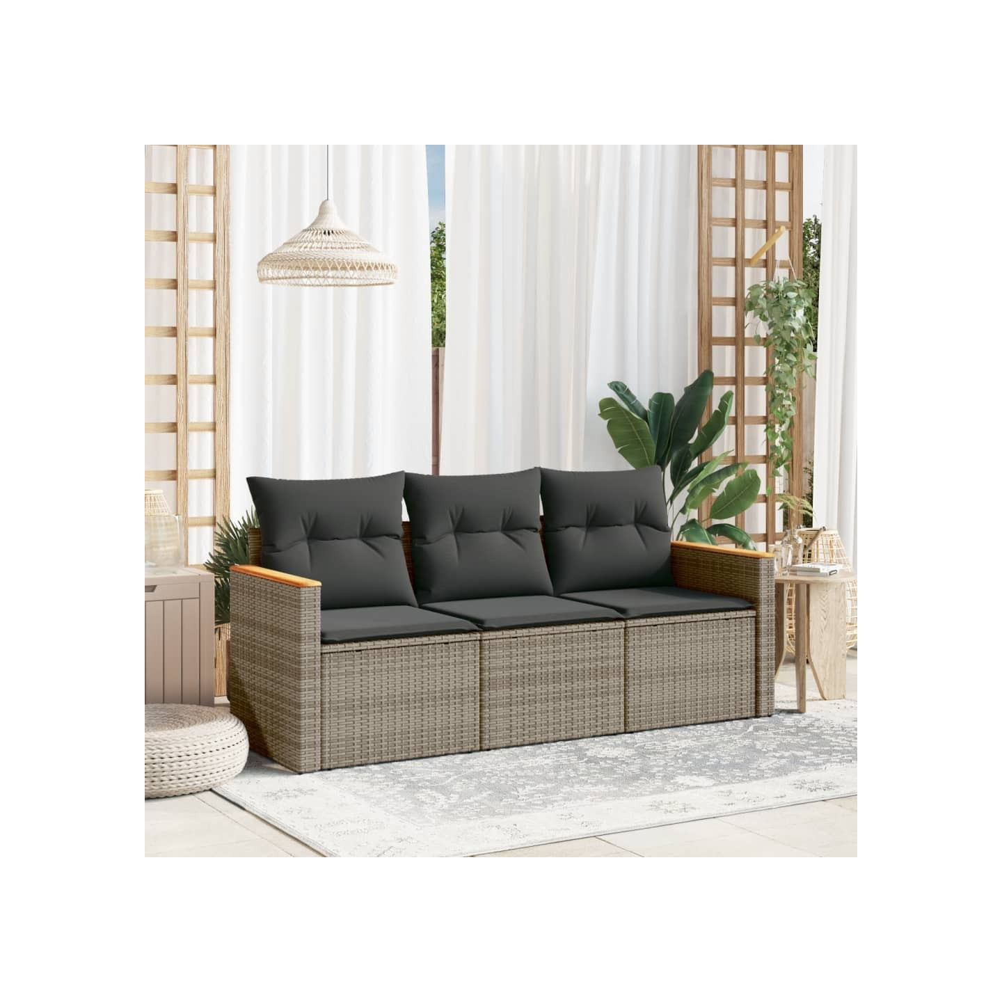 Salon de jardin avec coussins 3 pcs gris résine tressée