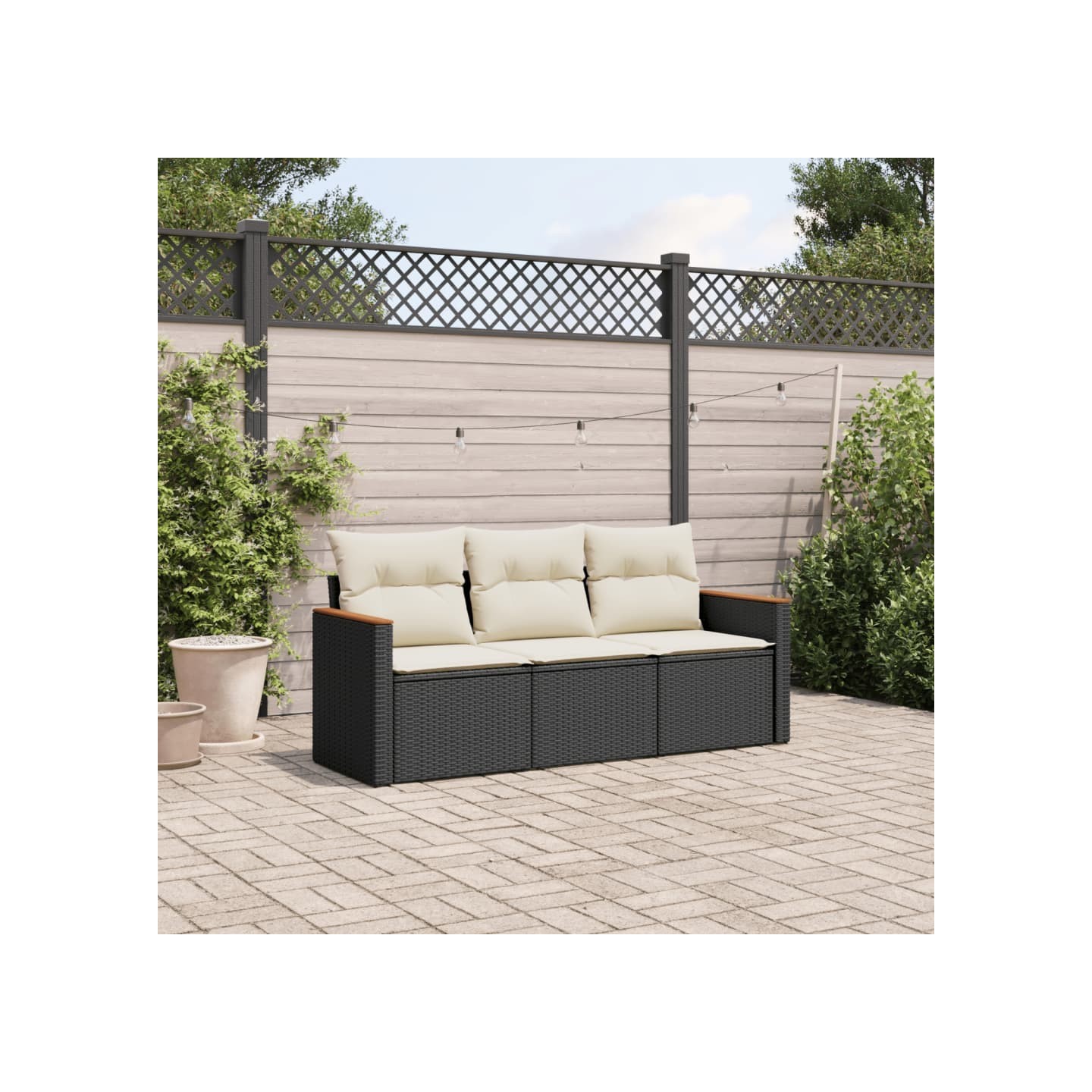 Salon de jardin 3 pcs avec coussins noir résine tressée