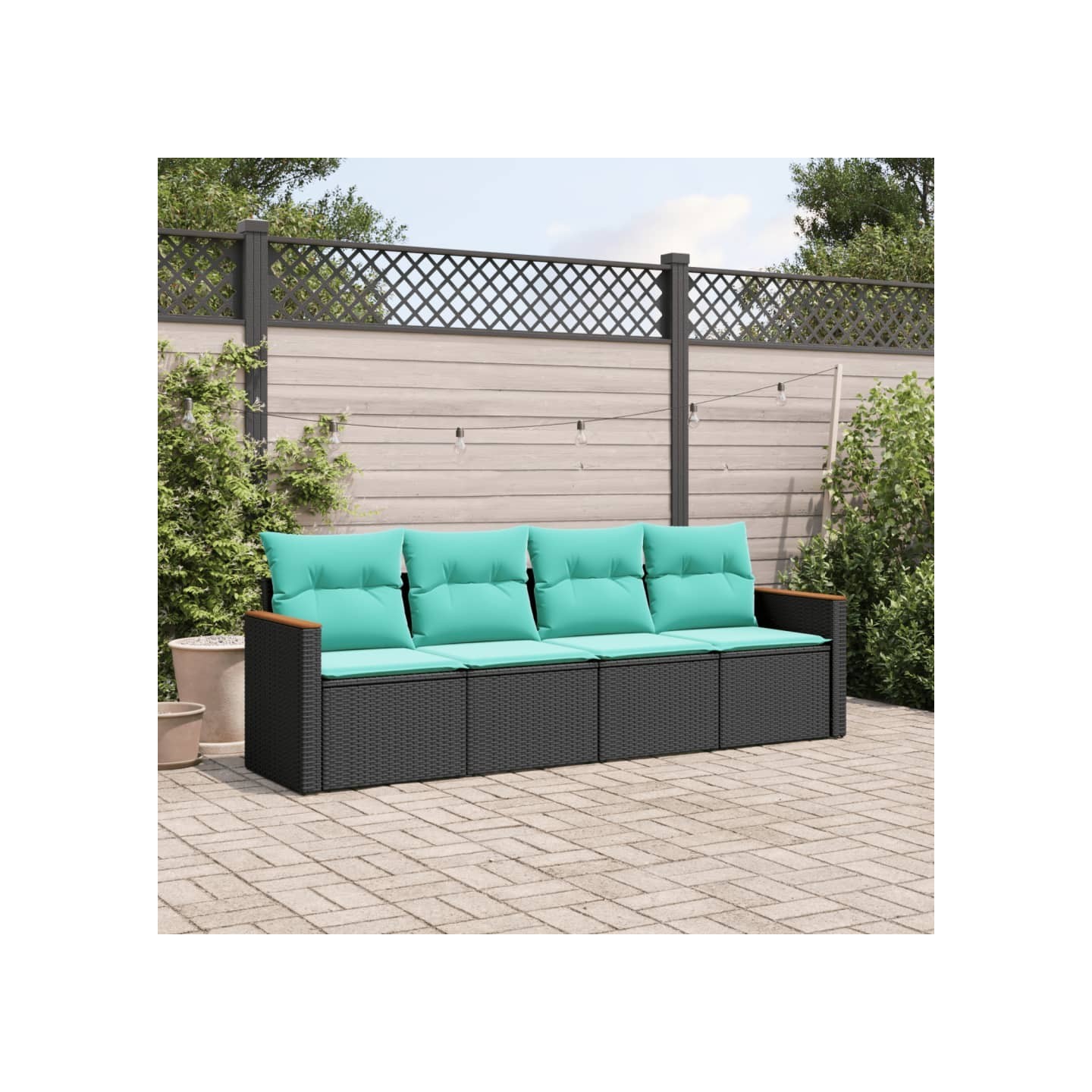 Salon de jardin 4 pcs avec coussins noir résine tressée