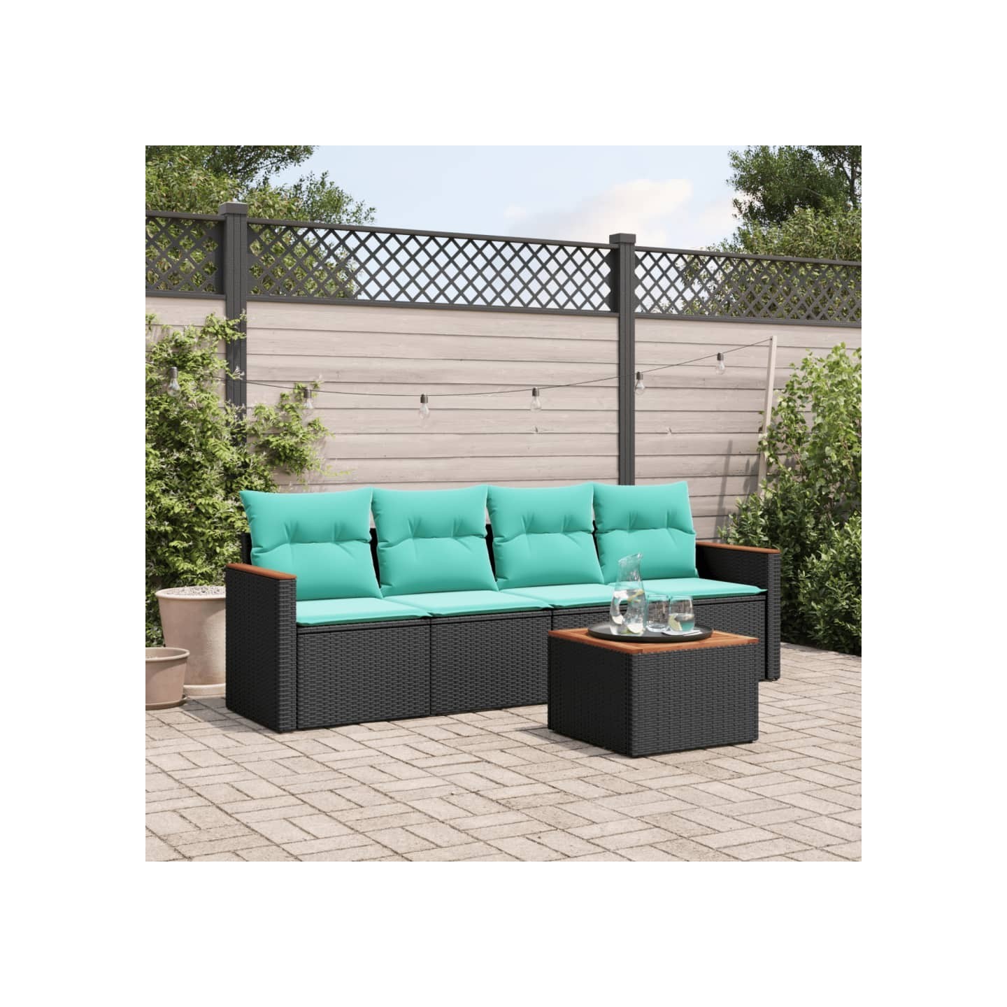 Ensemble de canapé de jardin 5 pcs avec coussins noir résine tressée