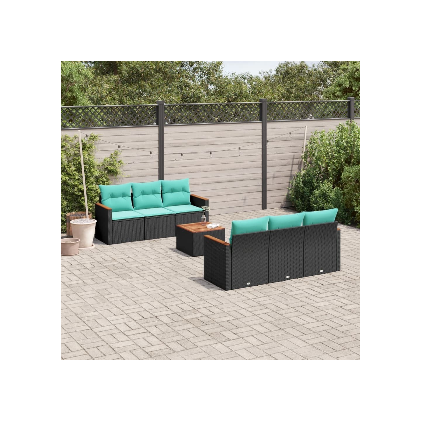 Ensemble de canapé de jardin 7 pcs avec coussins noir résine tressée