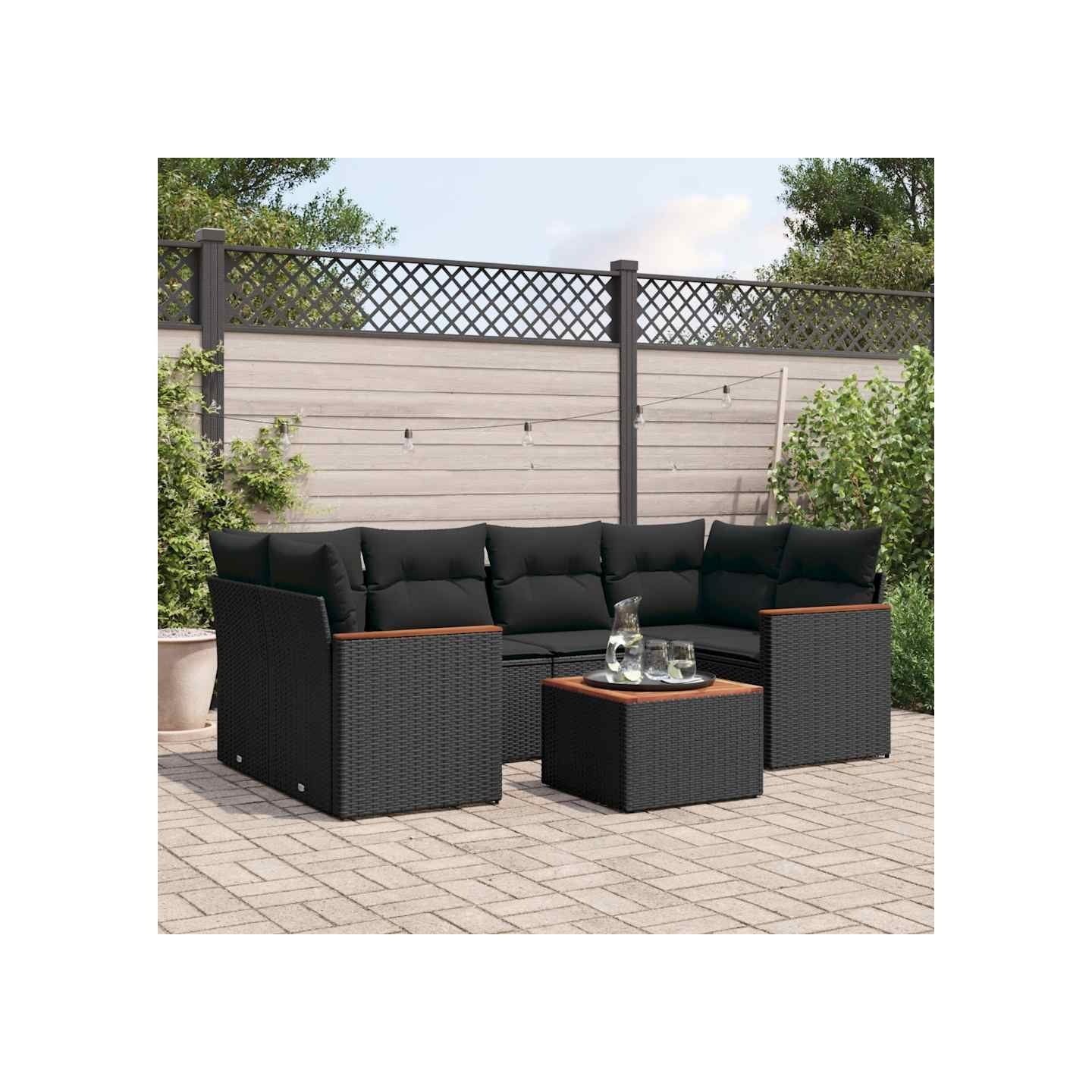 Salon de jardin 7 pcs avec coussins noir résine tressée