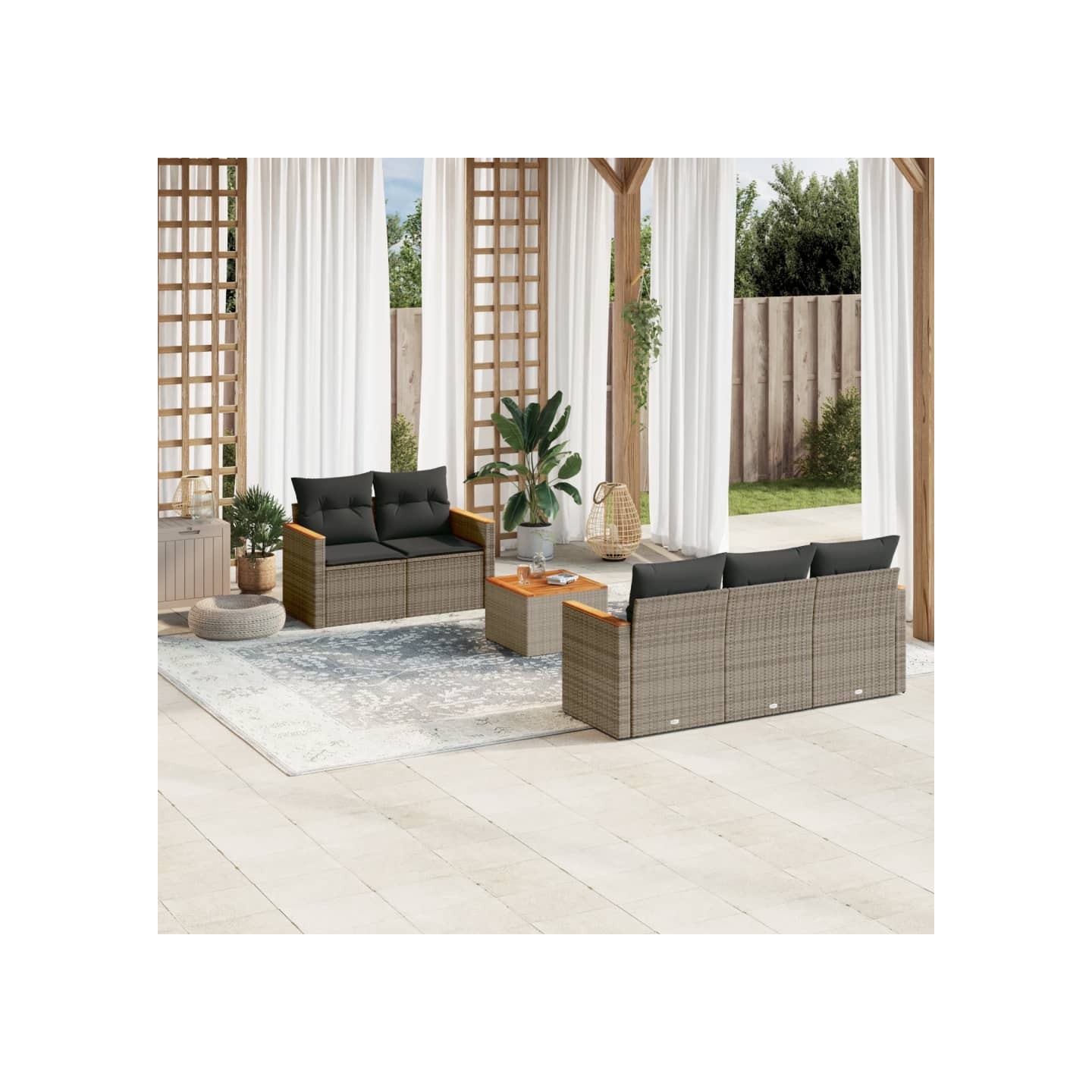 Salon de jardin 6 pcs avec coussins gris résine tressée