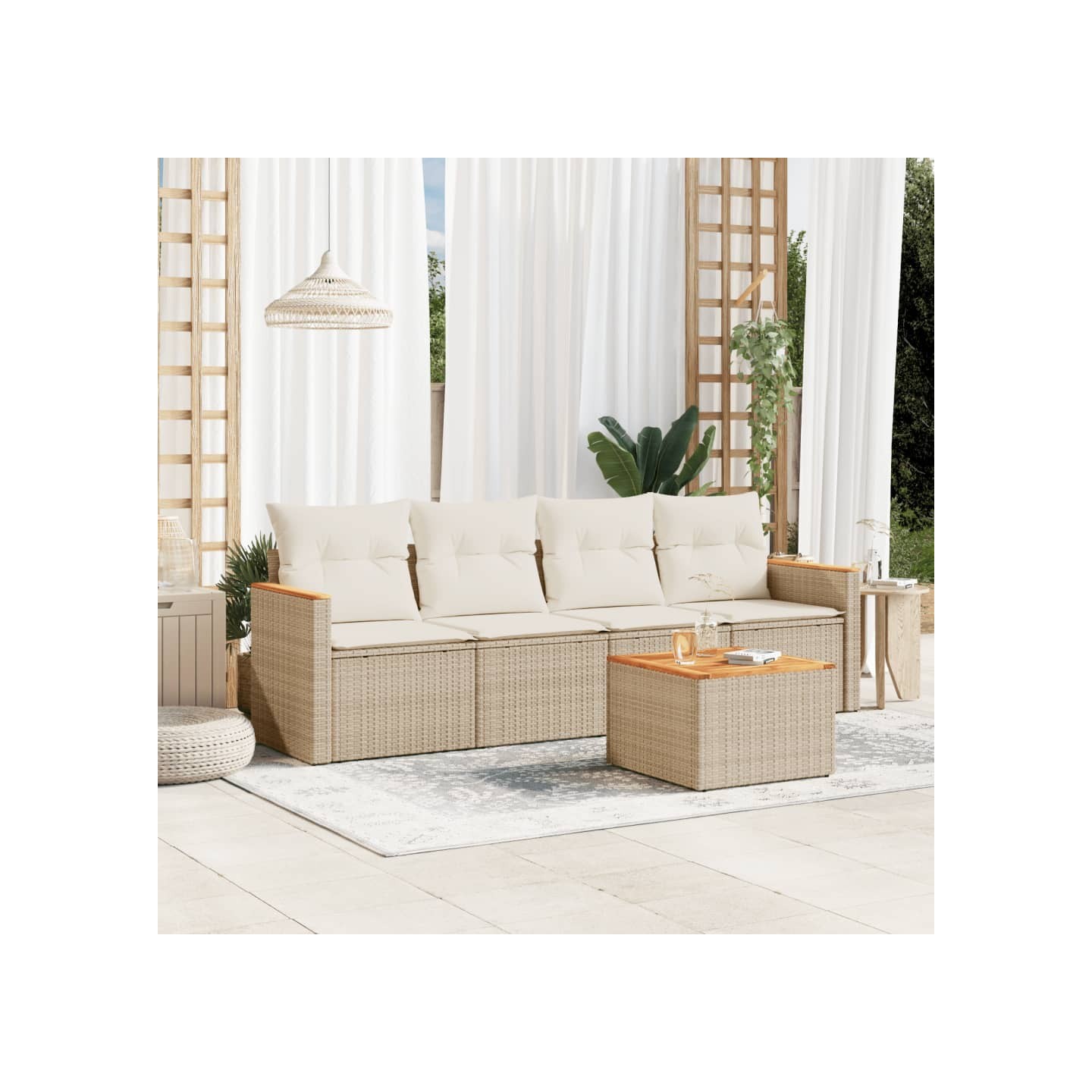 Salon de jardin avec coussins 5 pcs beige résine tressée