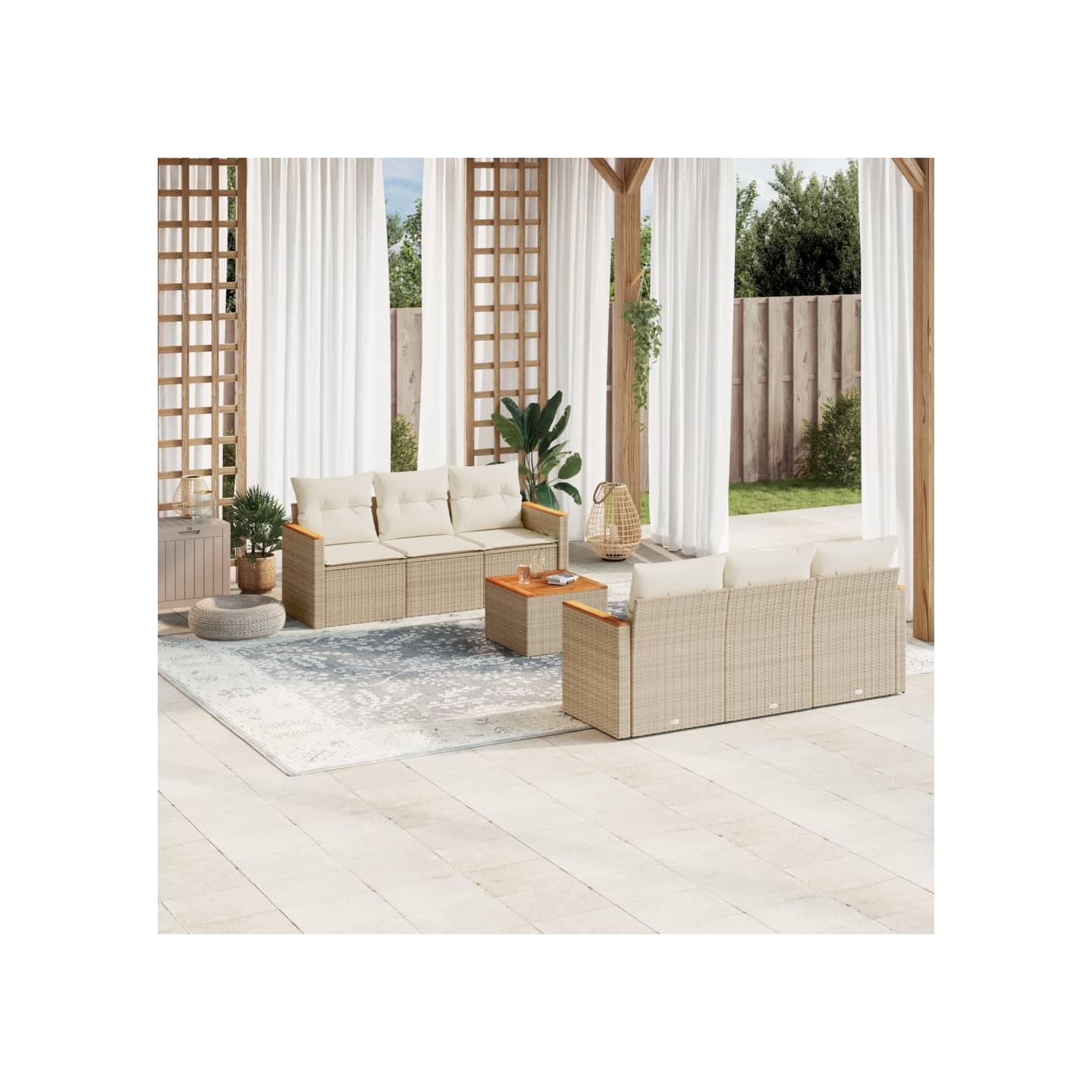 Salon de jardin avec coussins 7 pcs beige résine tressée