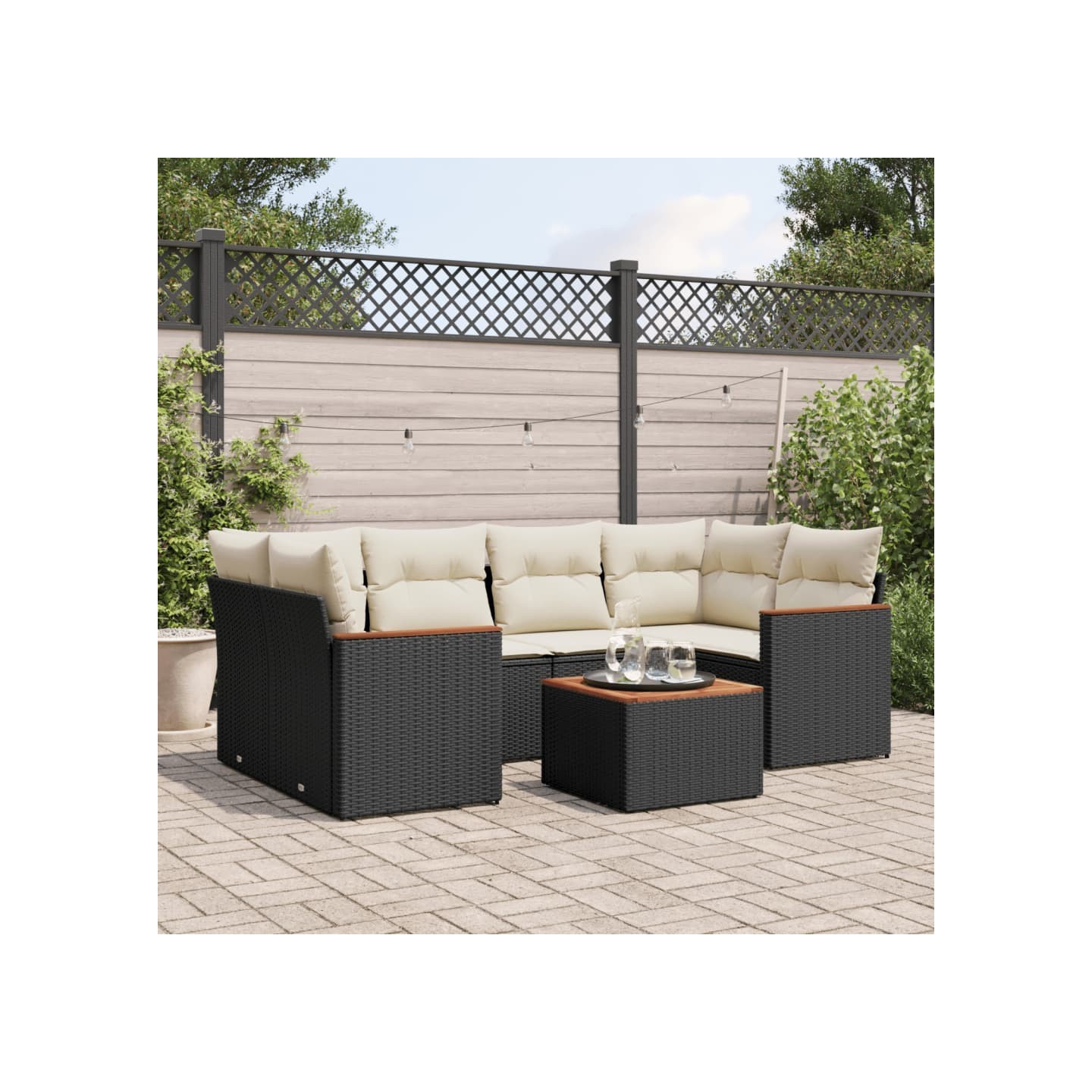 Salon de jardin 7 pcs avec coussins noir résine tressée