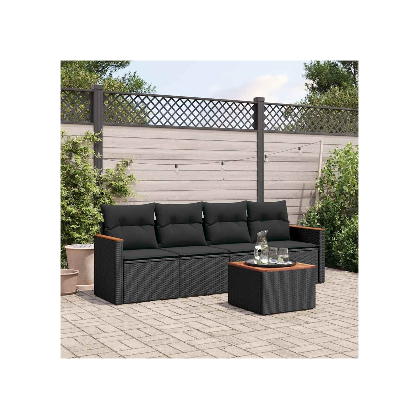 Salon de jardin 5 pcs avec coussins noir résine tressée