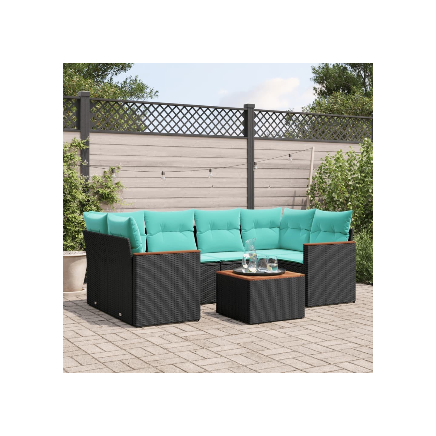 Ensemble de canapé de jardin 7 pcs avec coussins noir résine tressée