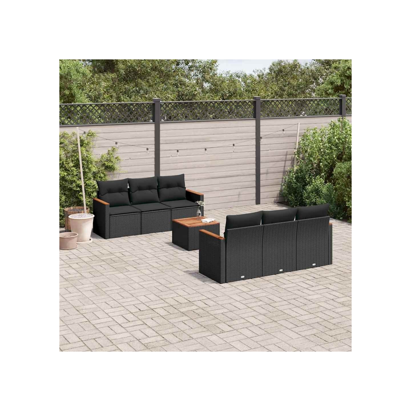 Salon de jardin 7 pcs avec coussins noir résine tressée