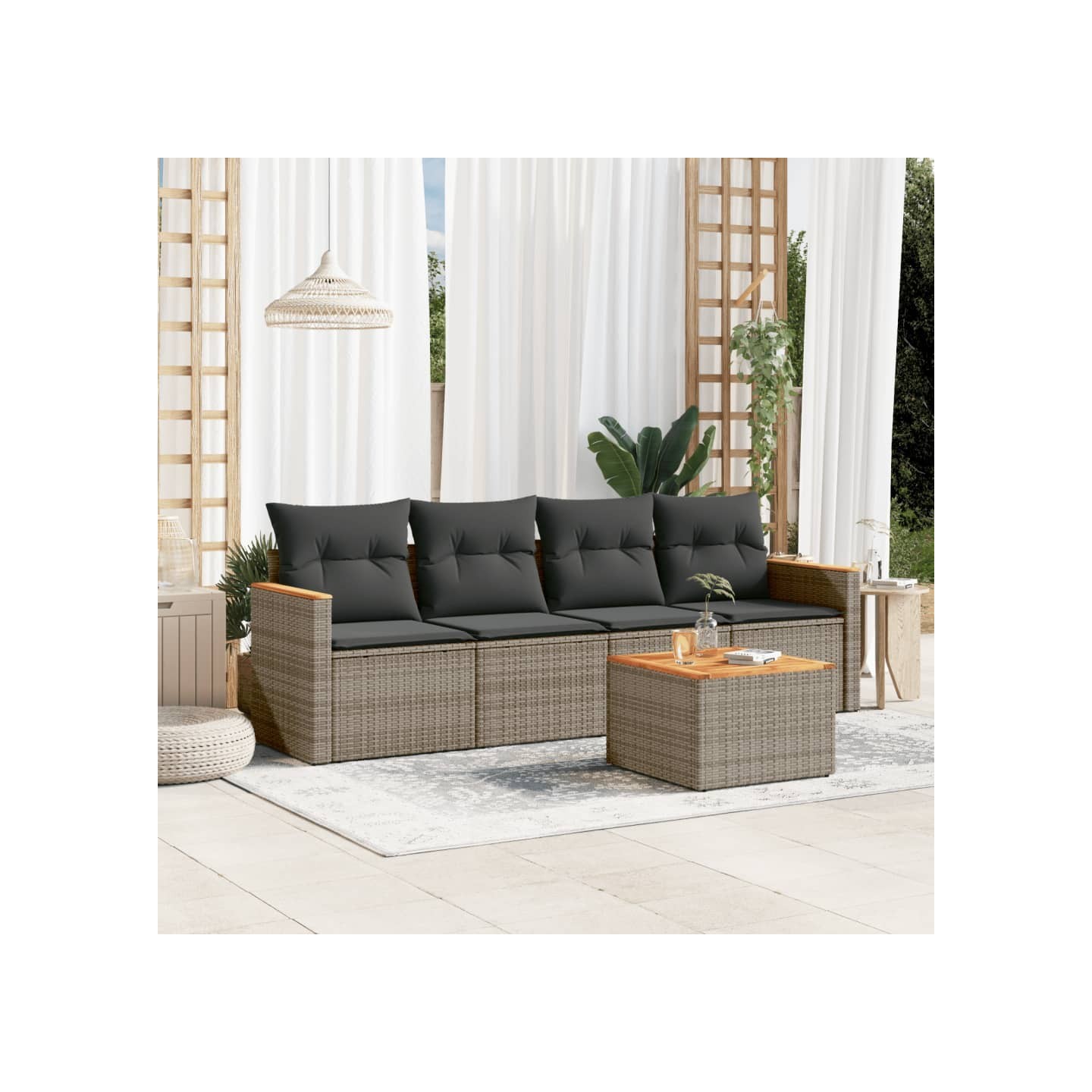 Salon de jardin 5 pcs avec coussins gris résine tressée