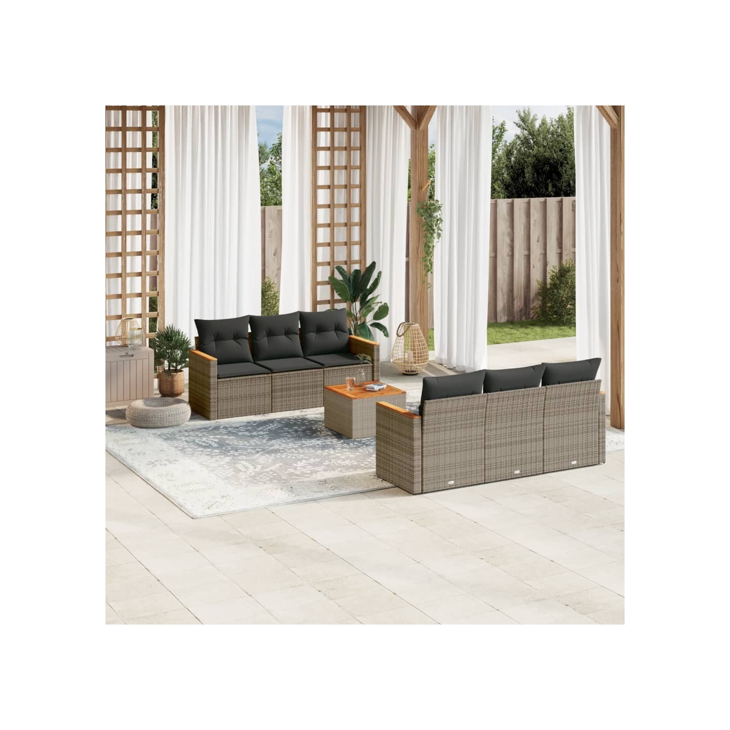 Salon de jardin avec coussins 7 pcs gris résine tressée
