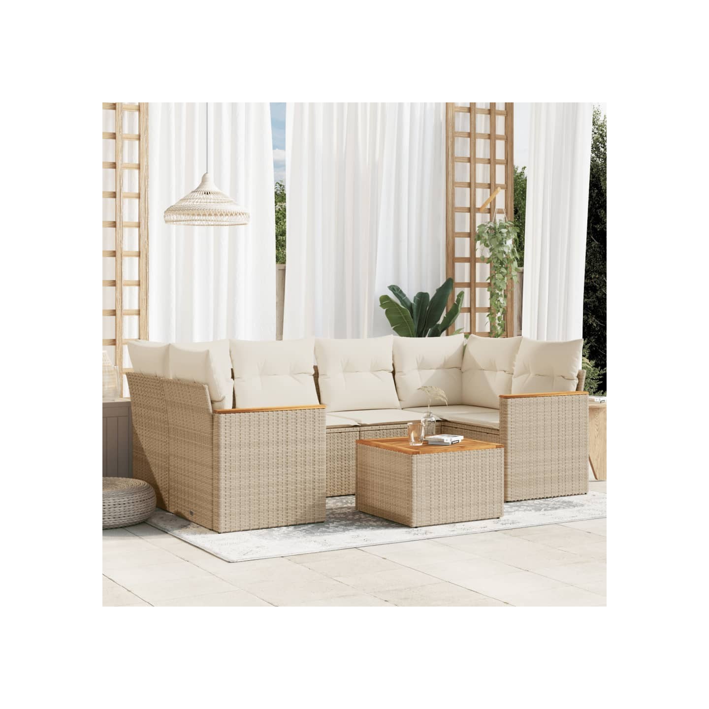 Salon de jardin avec coussins 7 pcs beige résine tressée