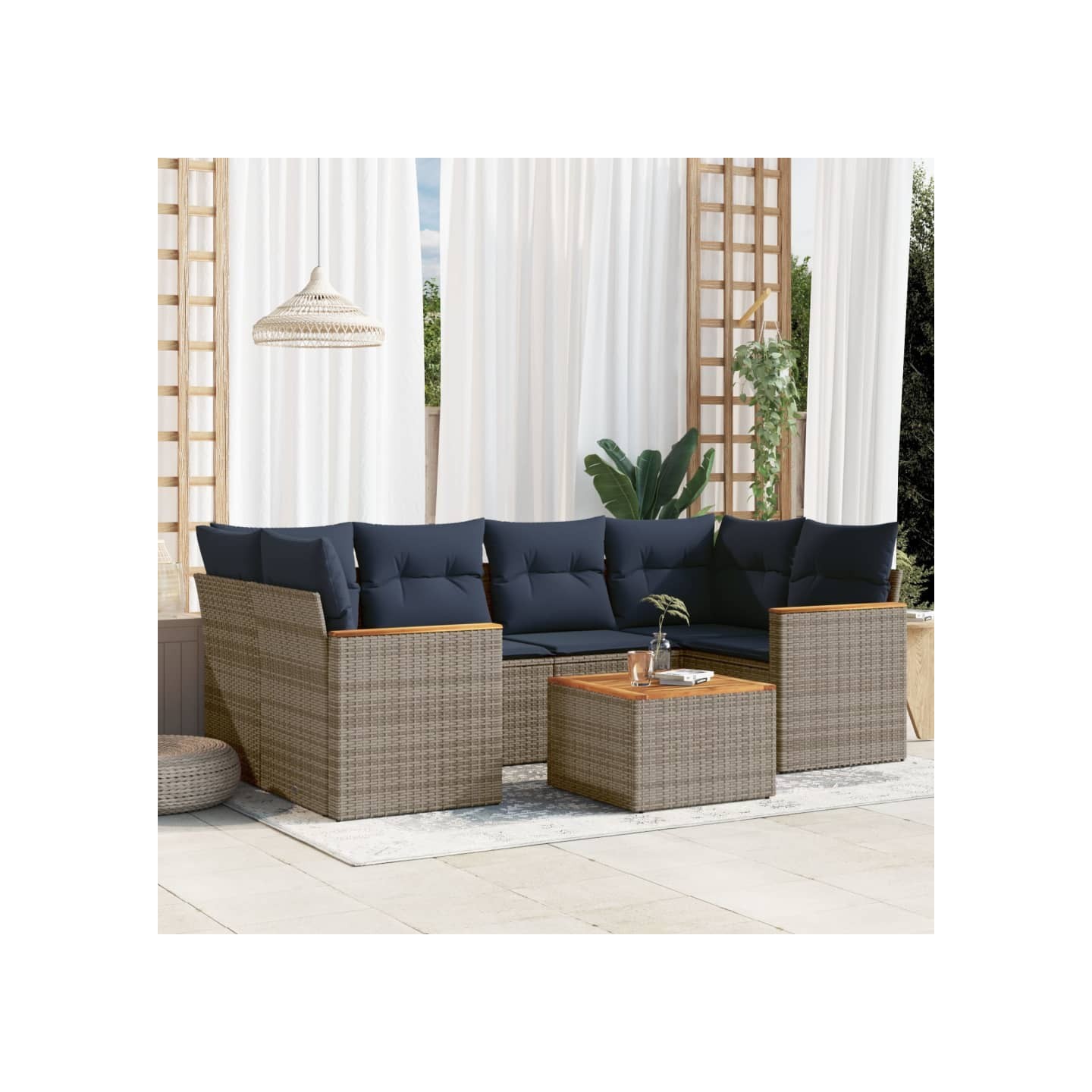 Ensemble de canapé de jardin 7 pcs avec coussins gris résine tressée