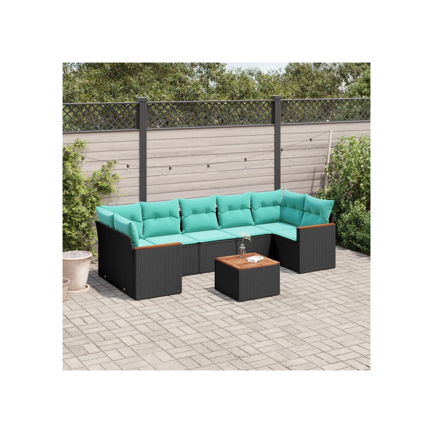 Ensemble de canapé de jardin 8 pcs avec coussins noir résine tressée