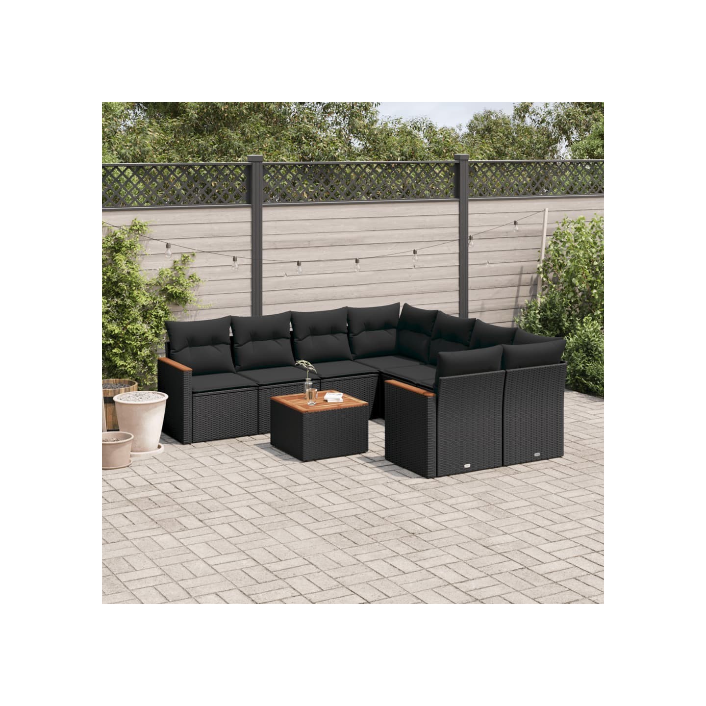 Salon de jardin 9 pcs avec coussins noir résine tressée