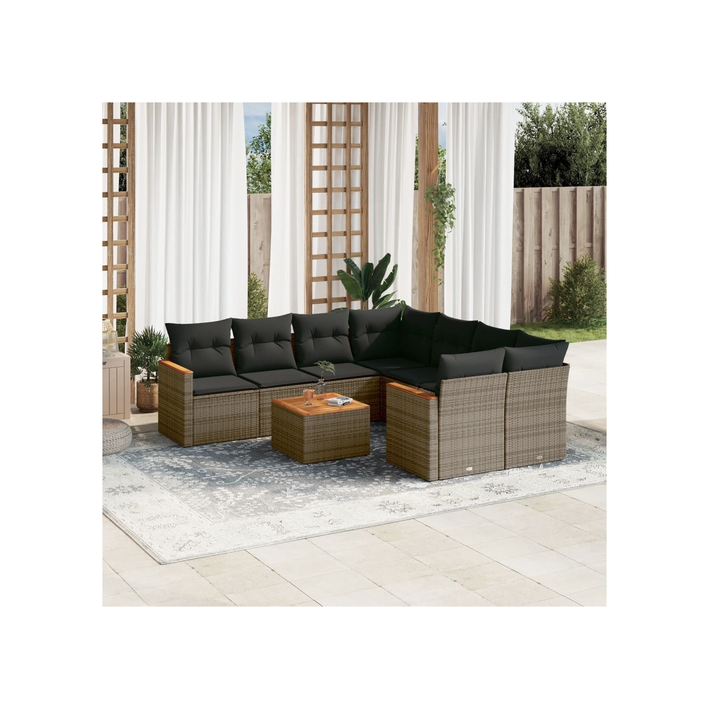 Salon de jardin 9 pcs avec coussins gris résine tressée