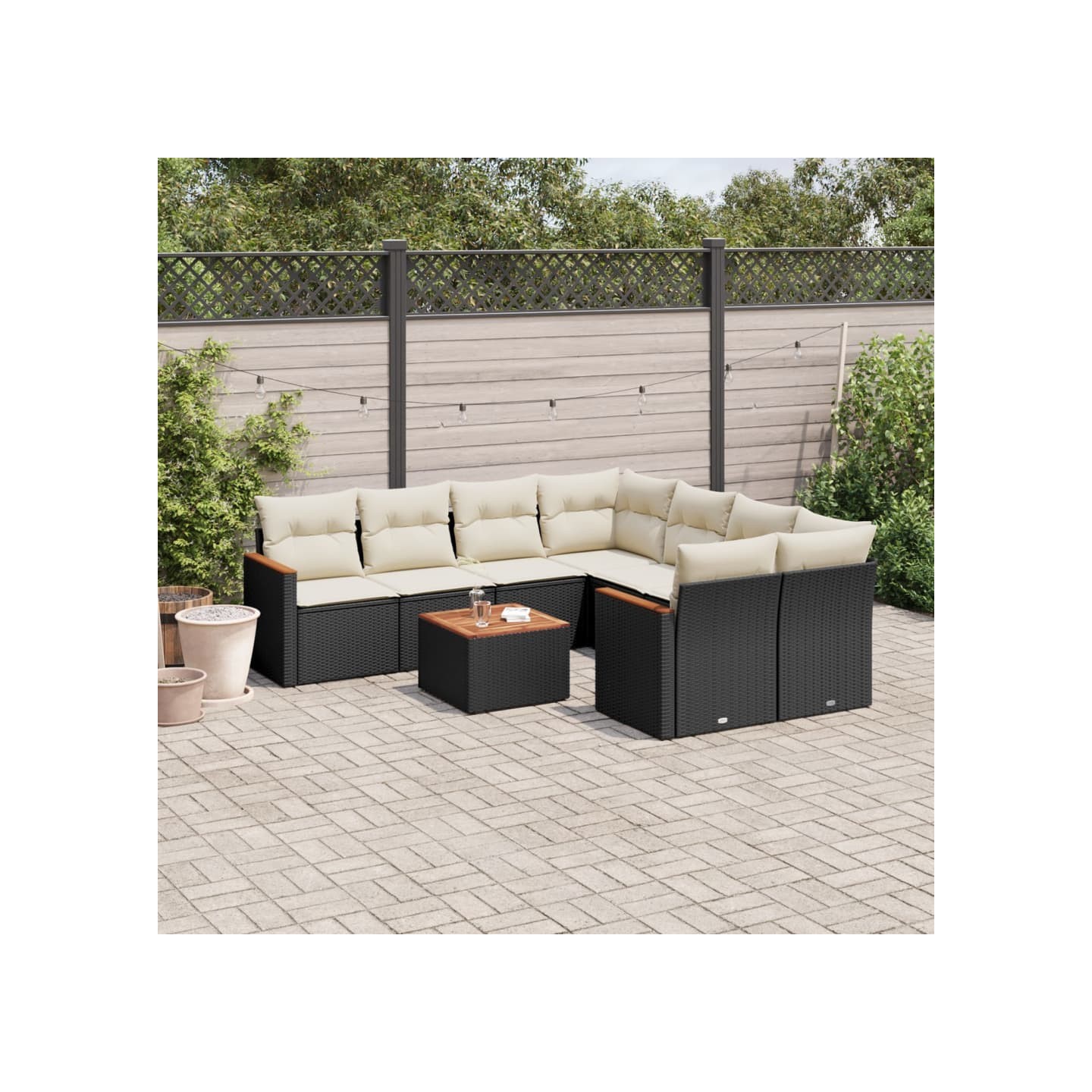 Salon de jardin 9 pcs avec coussins noir résine tressée