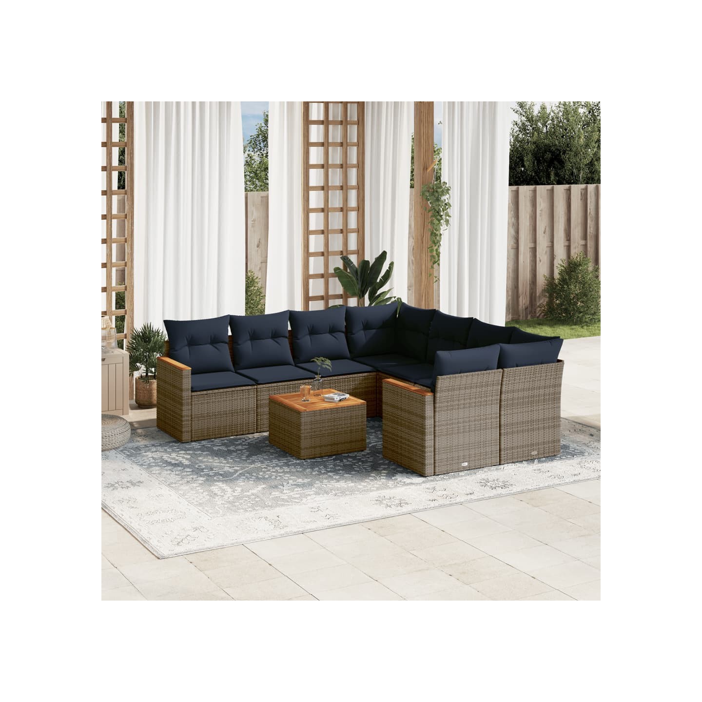 Ensemble de canapé de jardin 9 pcs avec coussins gris résine tressée
