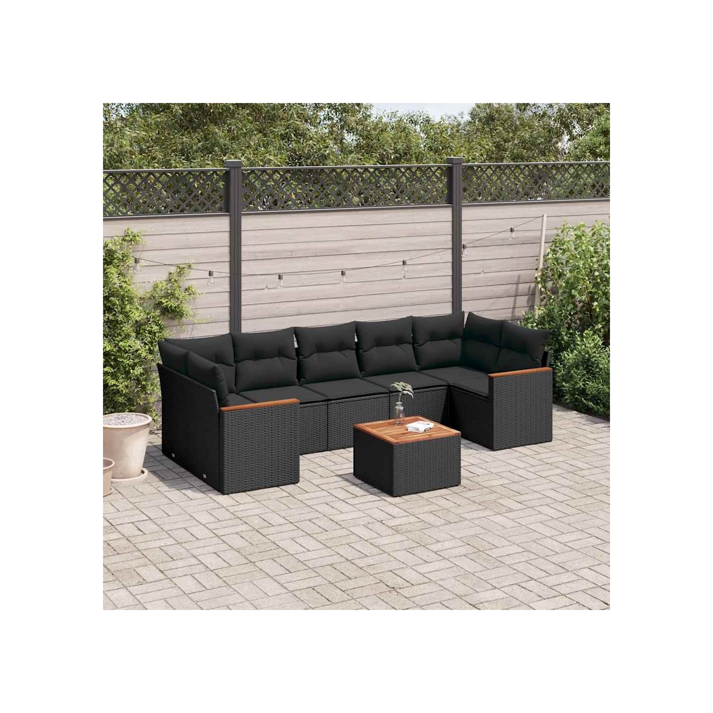 Salon de jardin 8 pcs avec coussins noir résine tressée
