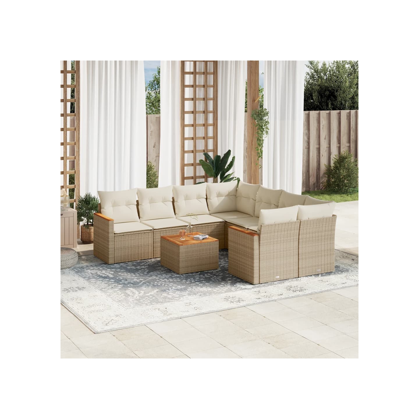 Salon de jardin avec coussins 9 pcs beige résine tressée
