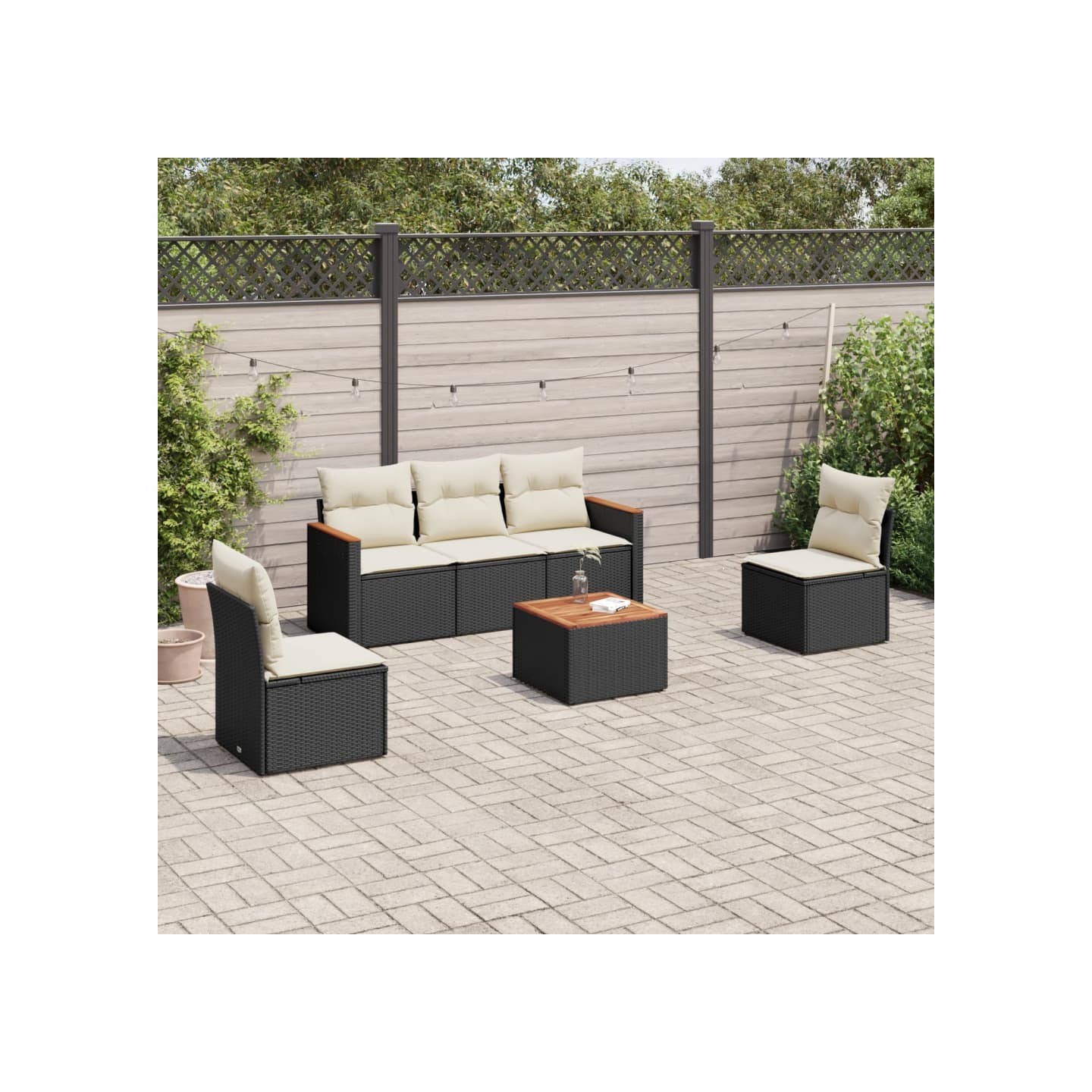 Salon de jardin 6 pcs avec coussins noir résine tressée