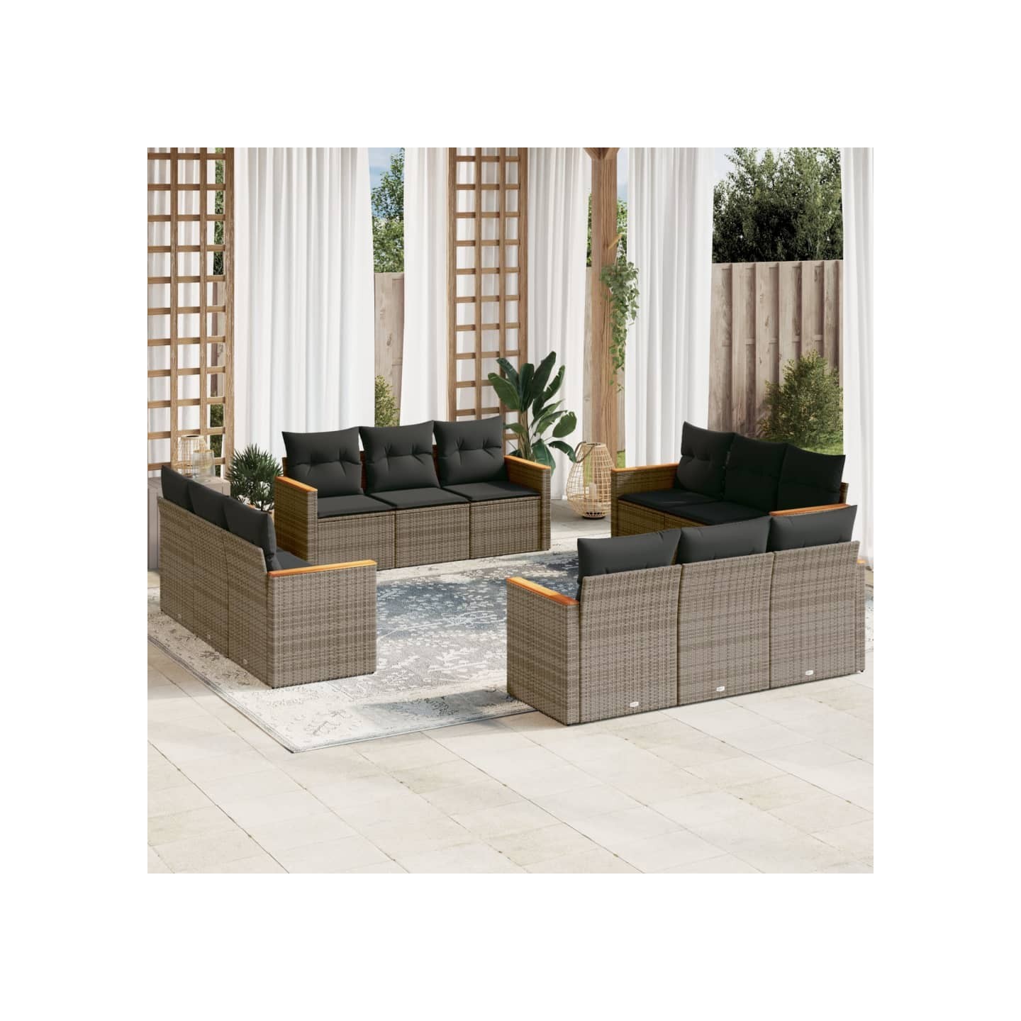 Salon de jardin avec coussins 12 pcs gris résine tressée