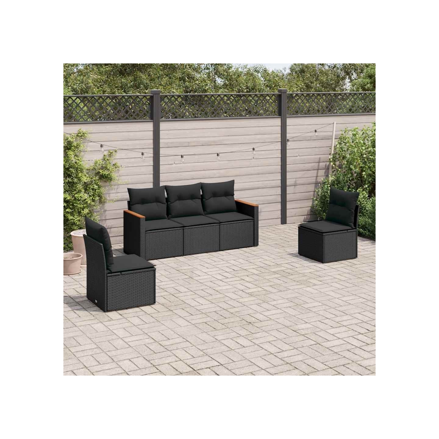 Salon de jardin 5 pcs avec coussins noir résine tressée