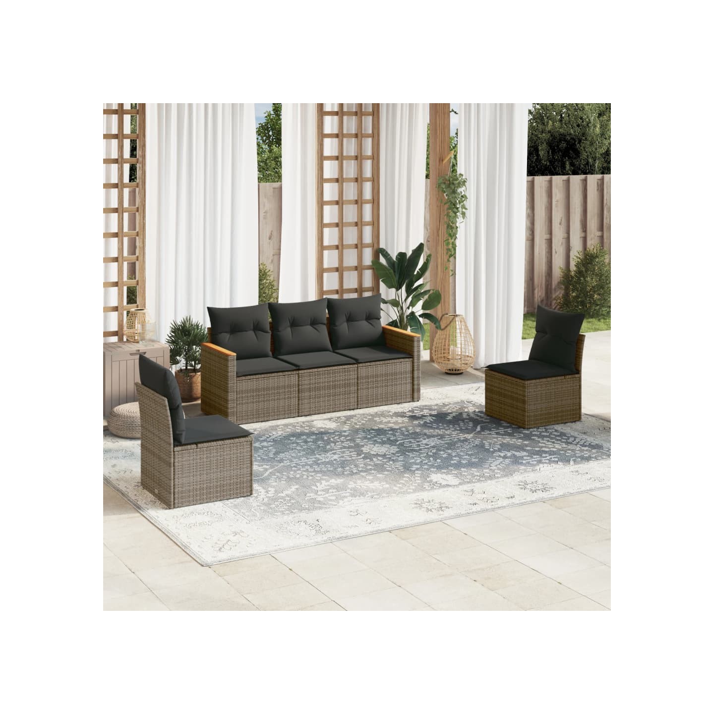 Salon de jardin 5 pcs avec coussins gris résine tressée