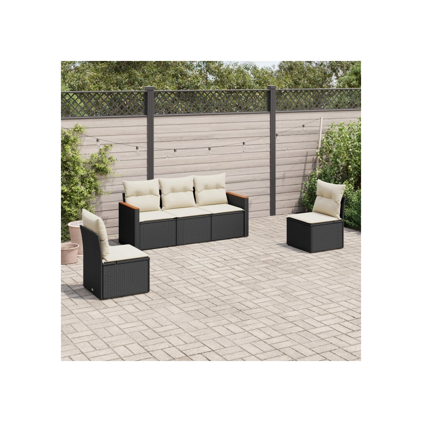 Salon de jardin 5 pcs avec coussins noir résine tressée