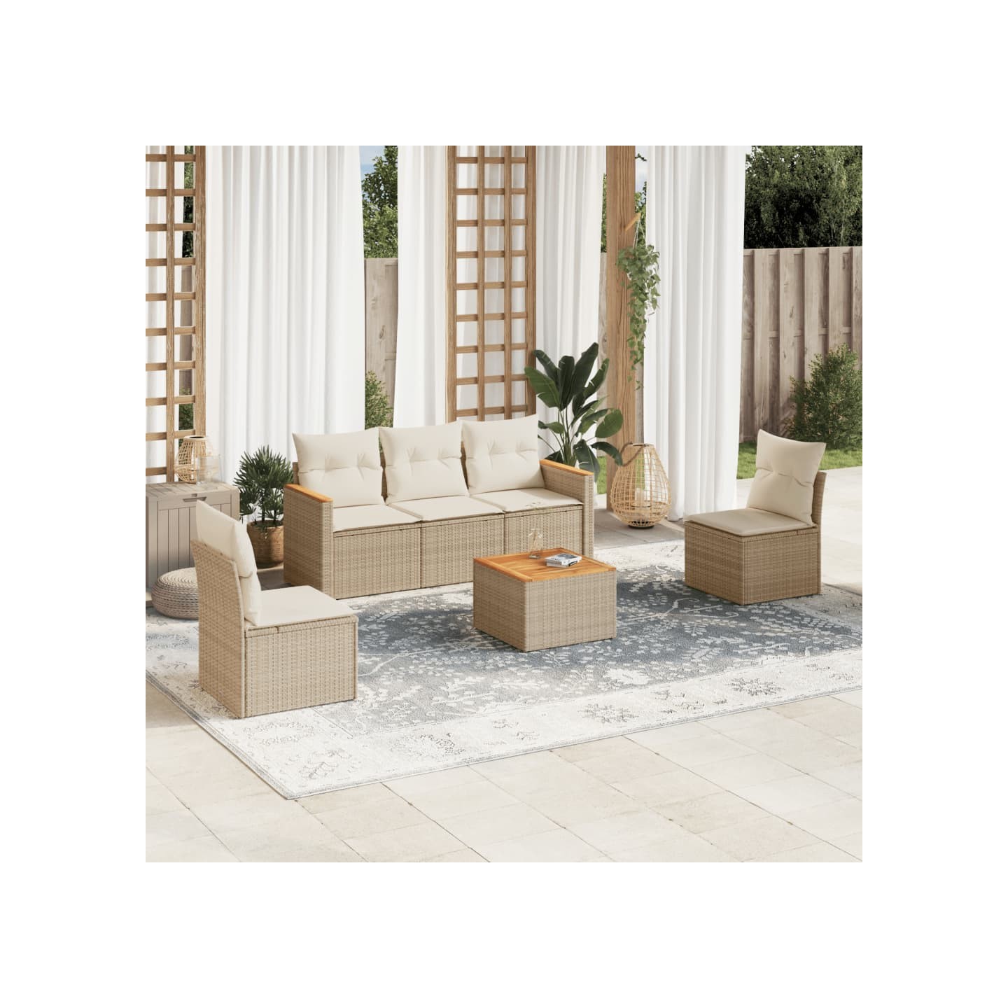 Salon de jardin avec coussins 6 pcs beige résine tressée