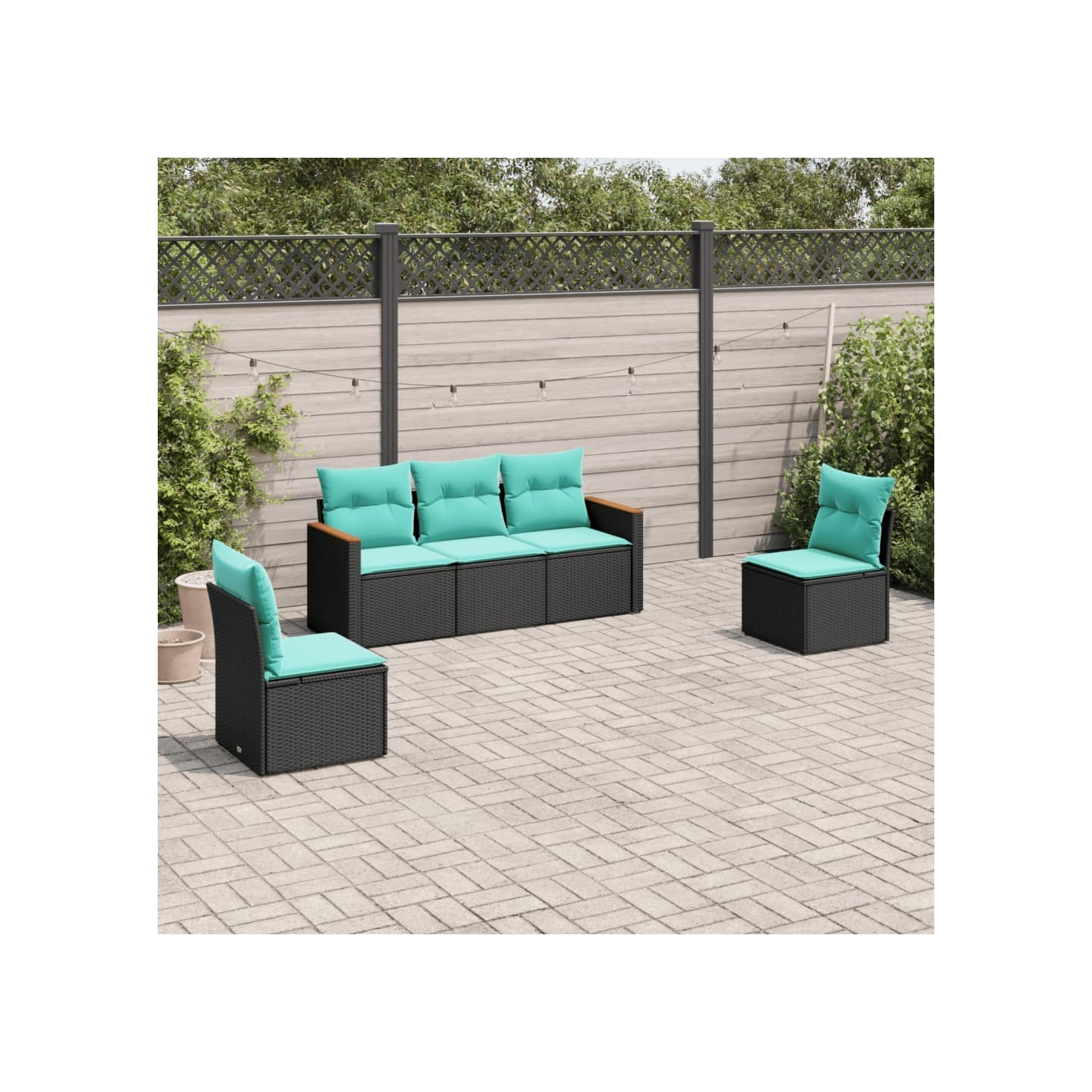 Salon de jardin 5 pcs avec coussins noir résine tressée
