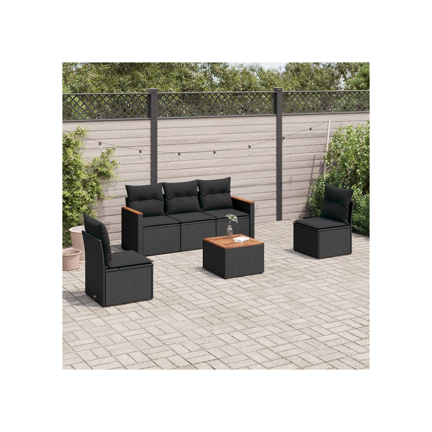 Salon de jardin 6 pcs avec coussins noir résine tressée