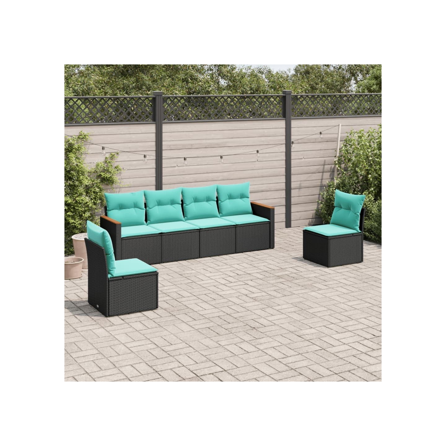 Salon de jardin 6 pcs avec coussins noir résine tressée