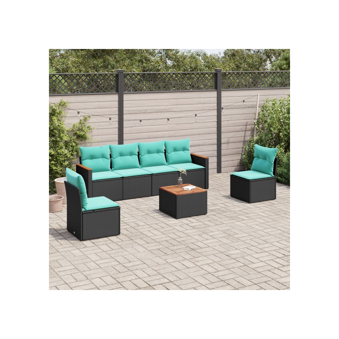 Ensemble de canapé de jardin 7 pcs avec coussins noir résine tressée