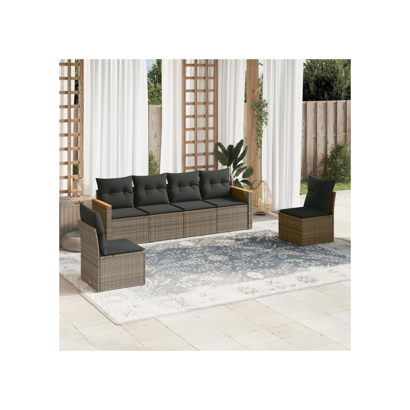 Salon de jardin 6 pcs avec coussins gris résine tressée
