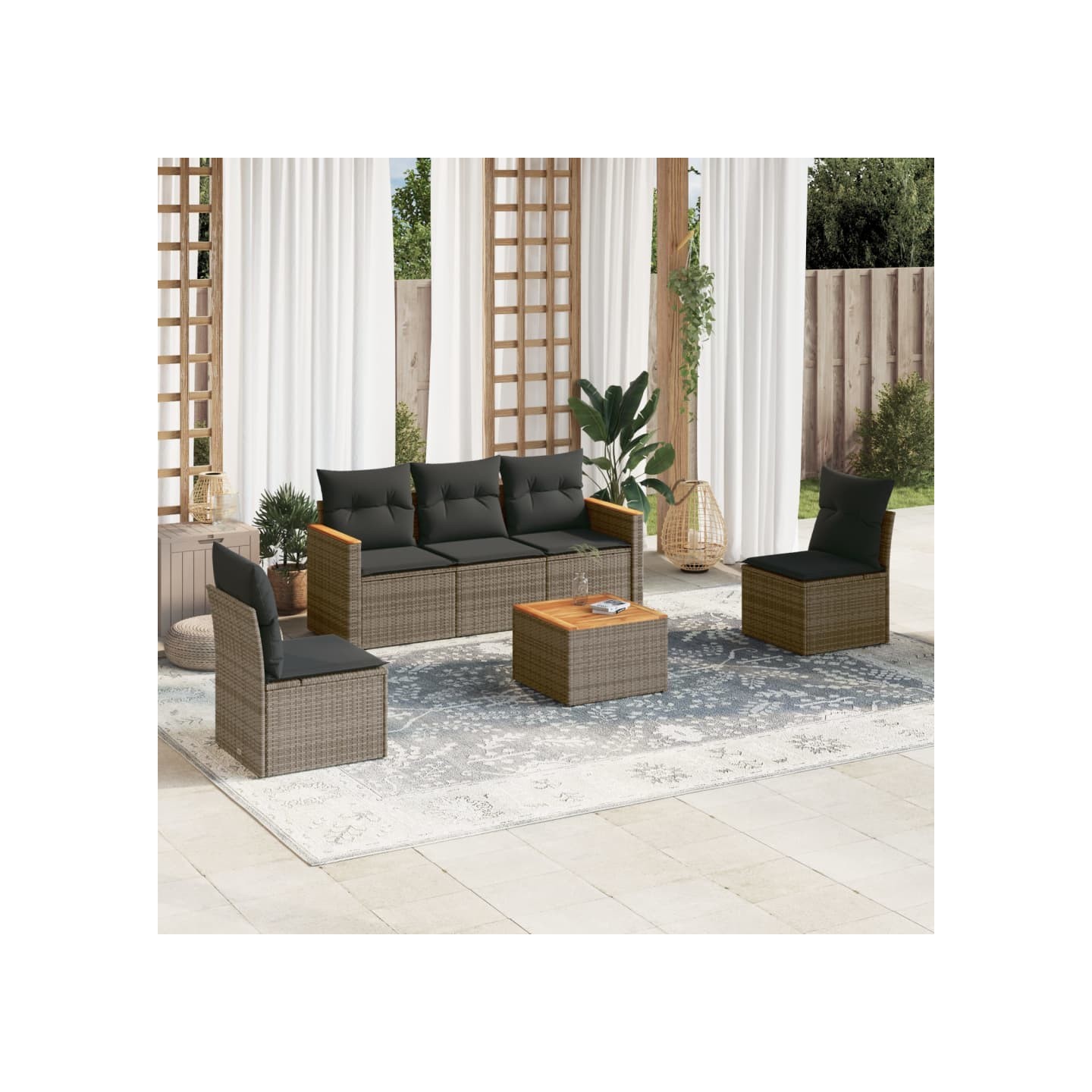Salon de jardin 6 pcs avec coussins gris résine tressée