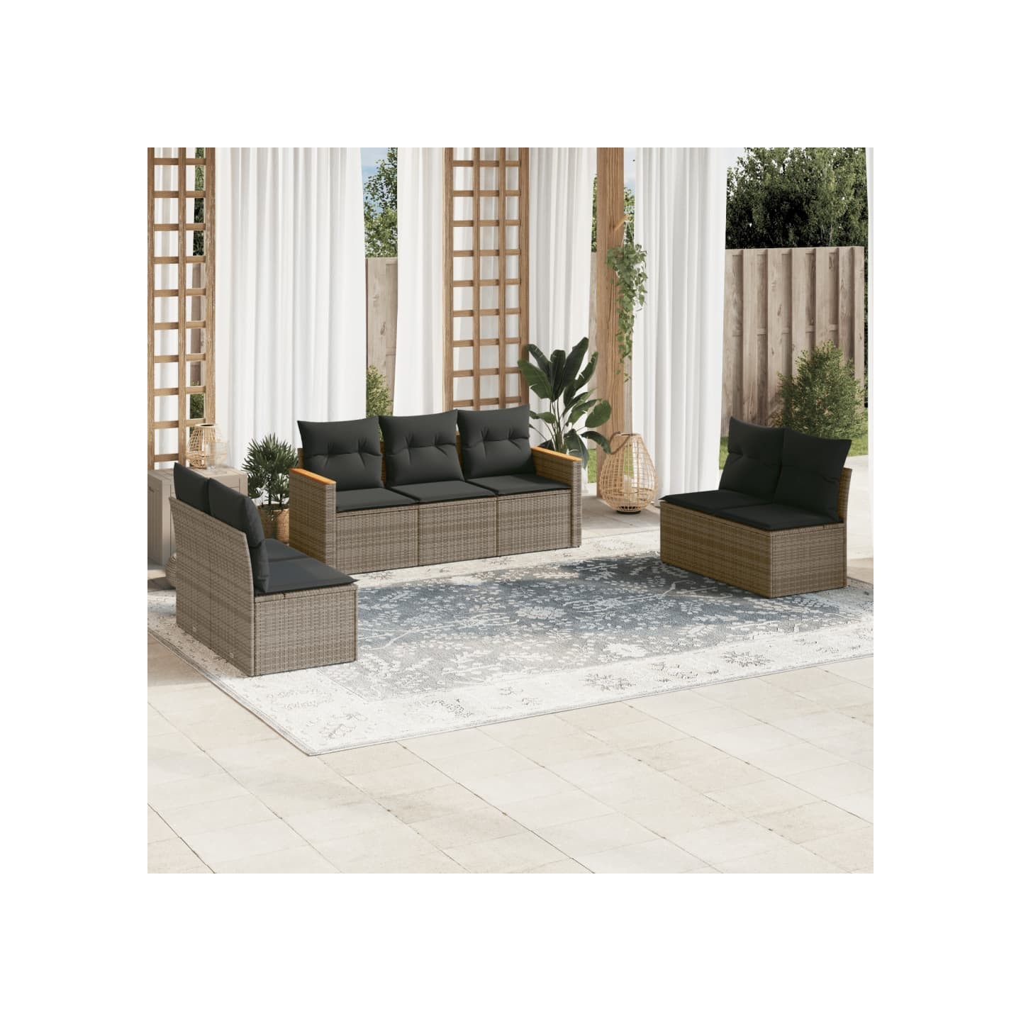 Salon de jardin avec coussins 7 pcs gris résine tressée