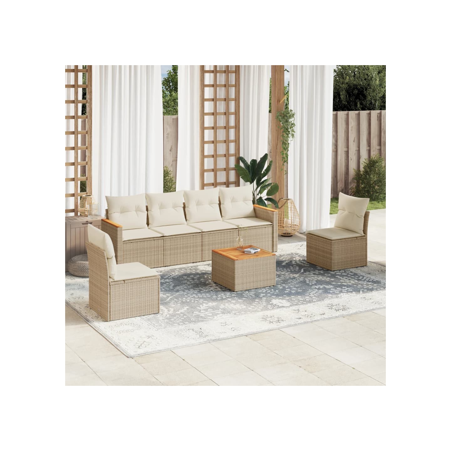 Salon de jardin avec coussins 7 pcs beige résine tressée