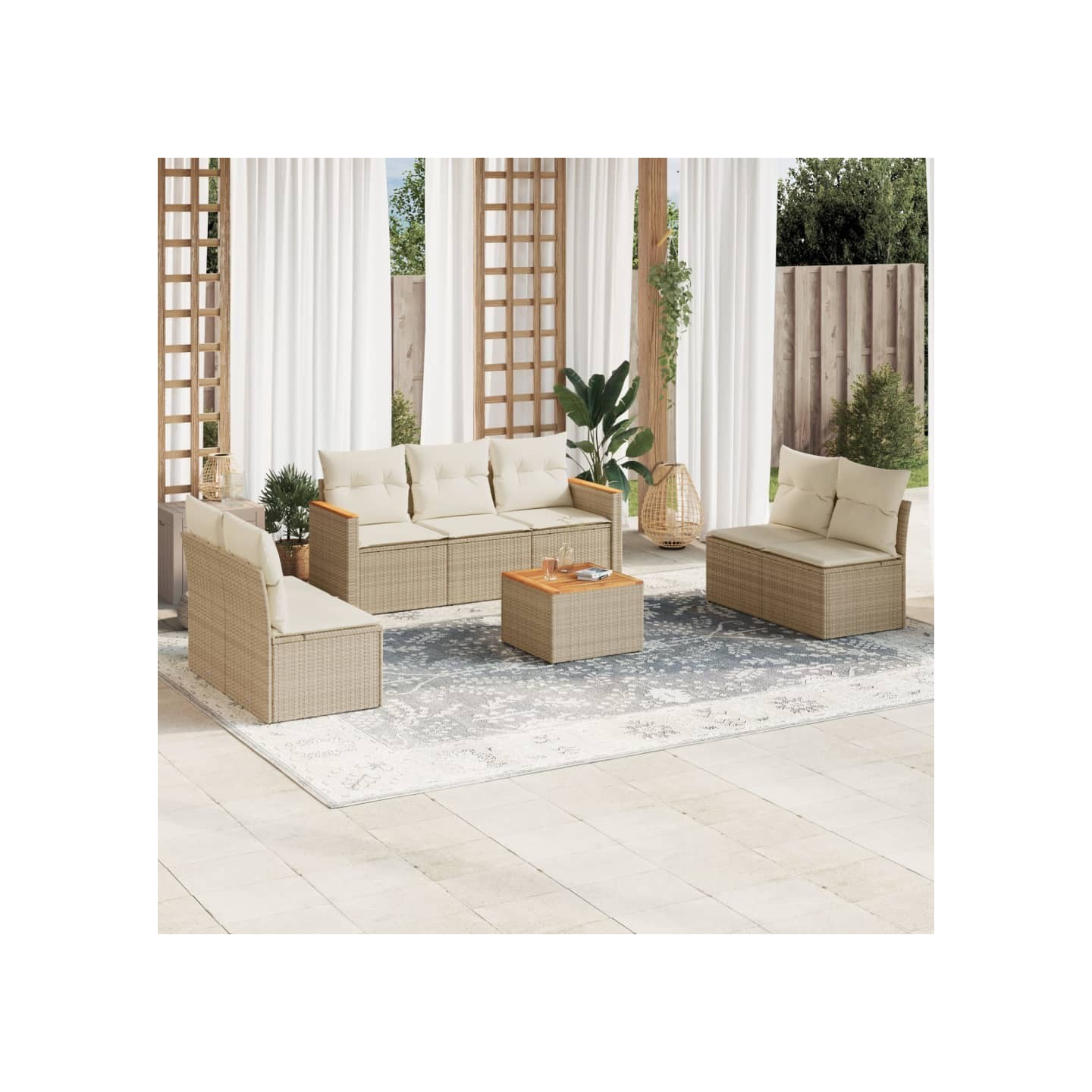 Salon de jardin avec coussins 8 pcs beige résine tressée